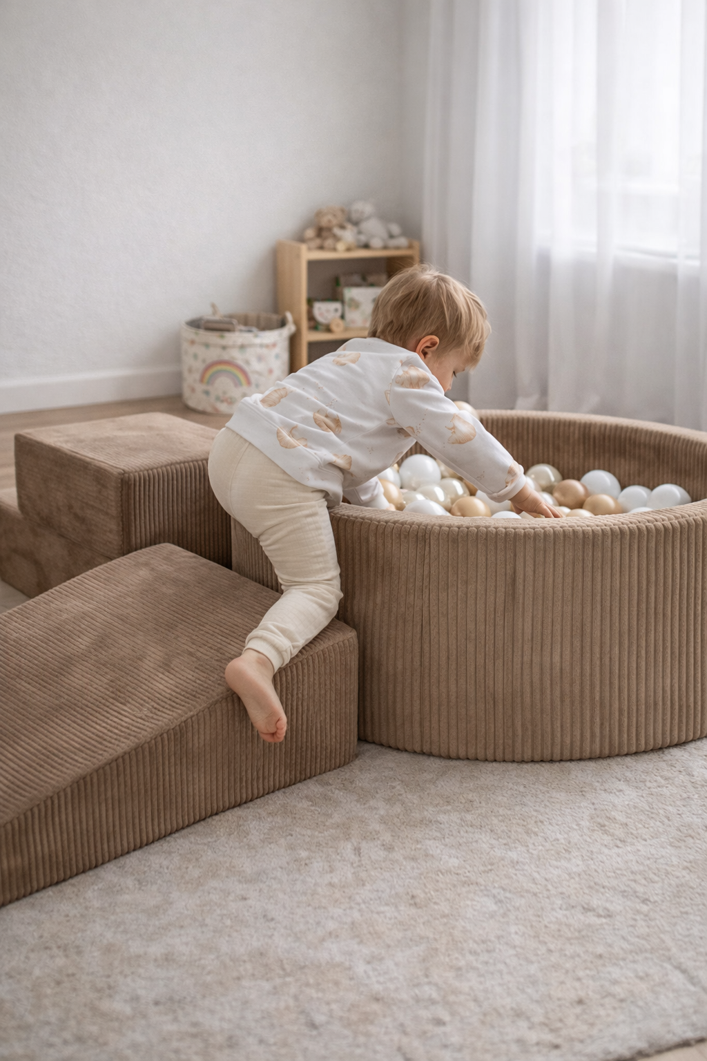 Aire de jeux en mousse avec piscine ronde 90x30 côtelé toffee +200 balles