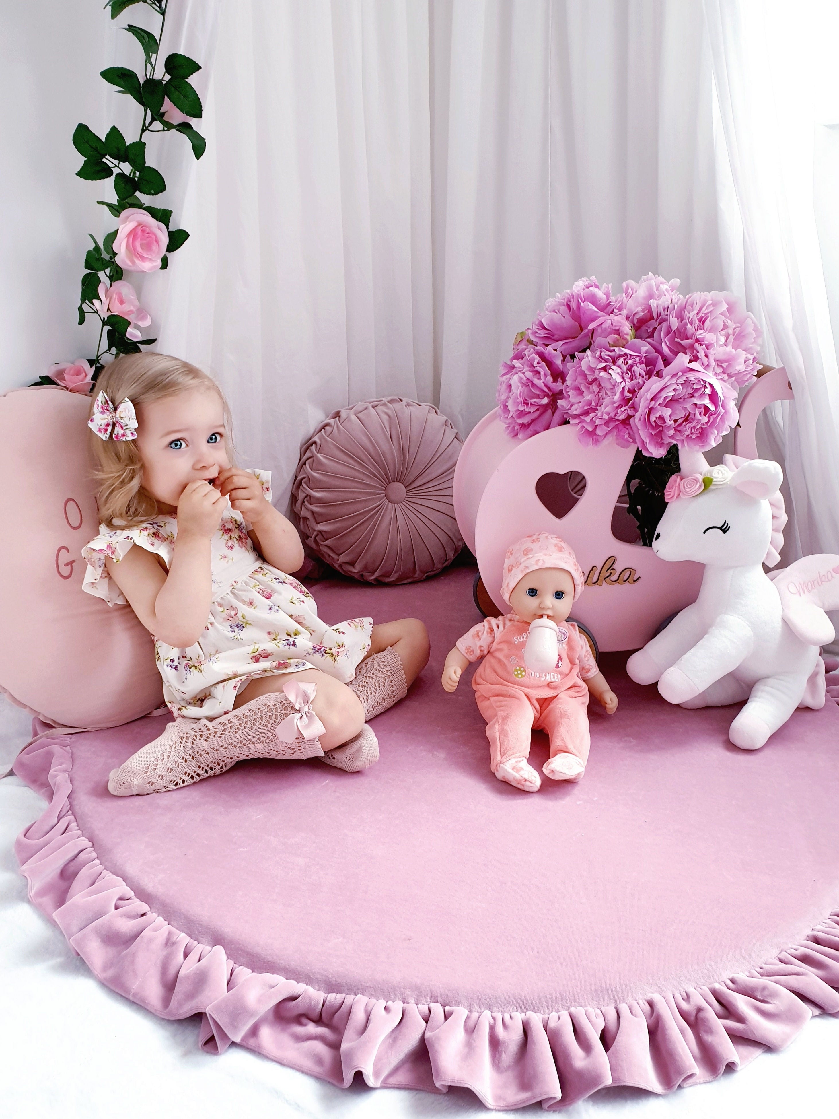 Tapis de jeu bébé rond 100 cm avec volant en velours