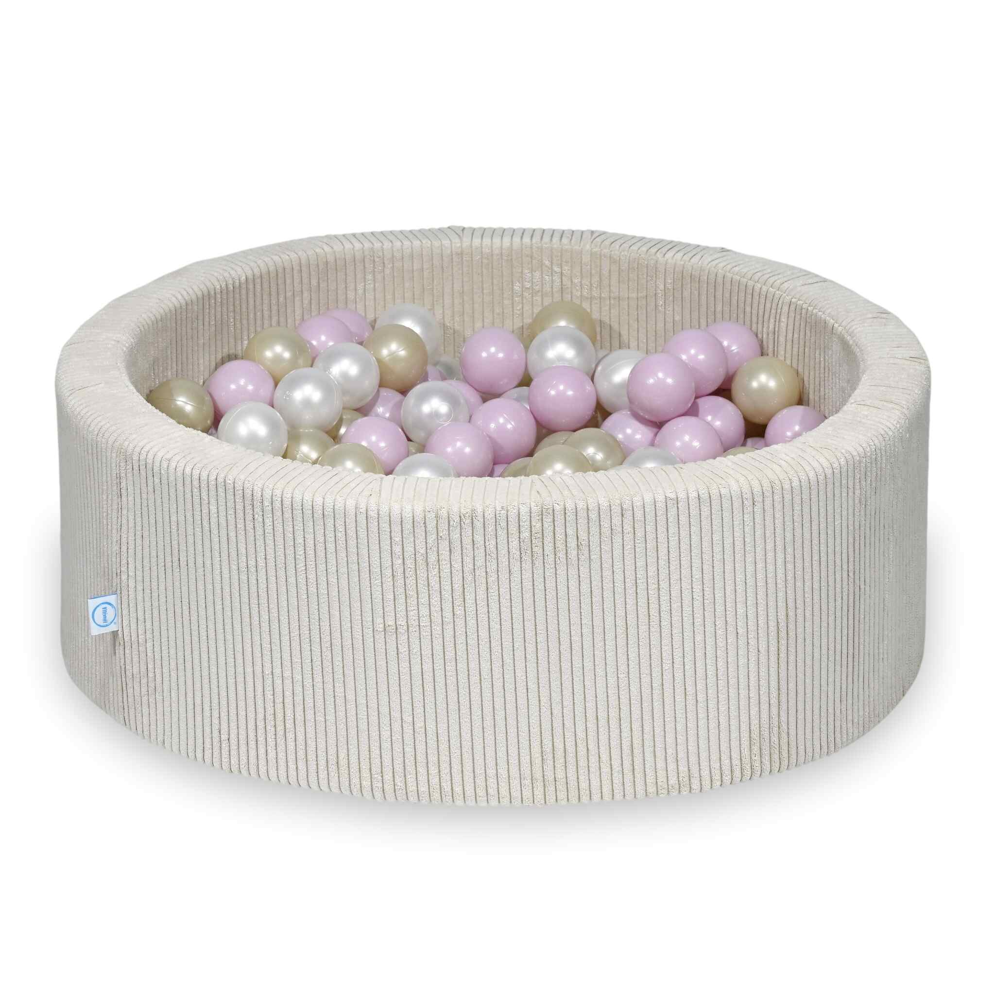Piscine à balles ronde en velours côtelé beige, 90x30cm – 200 balls (nacrées, rose clair nacré, or clair)