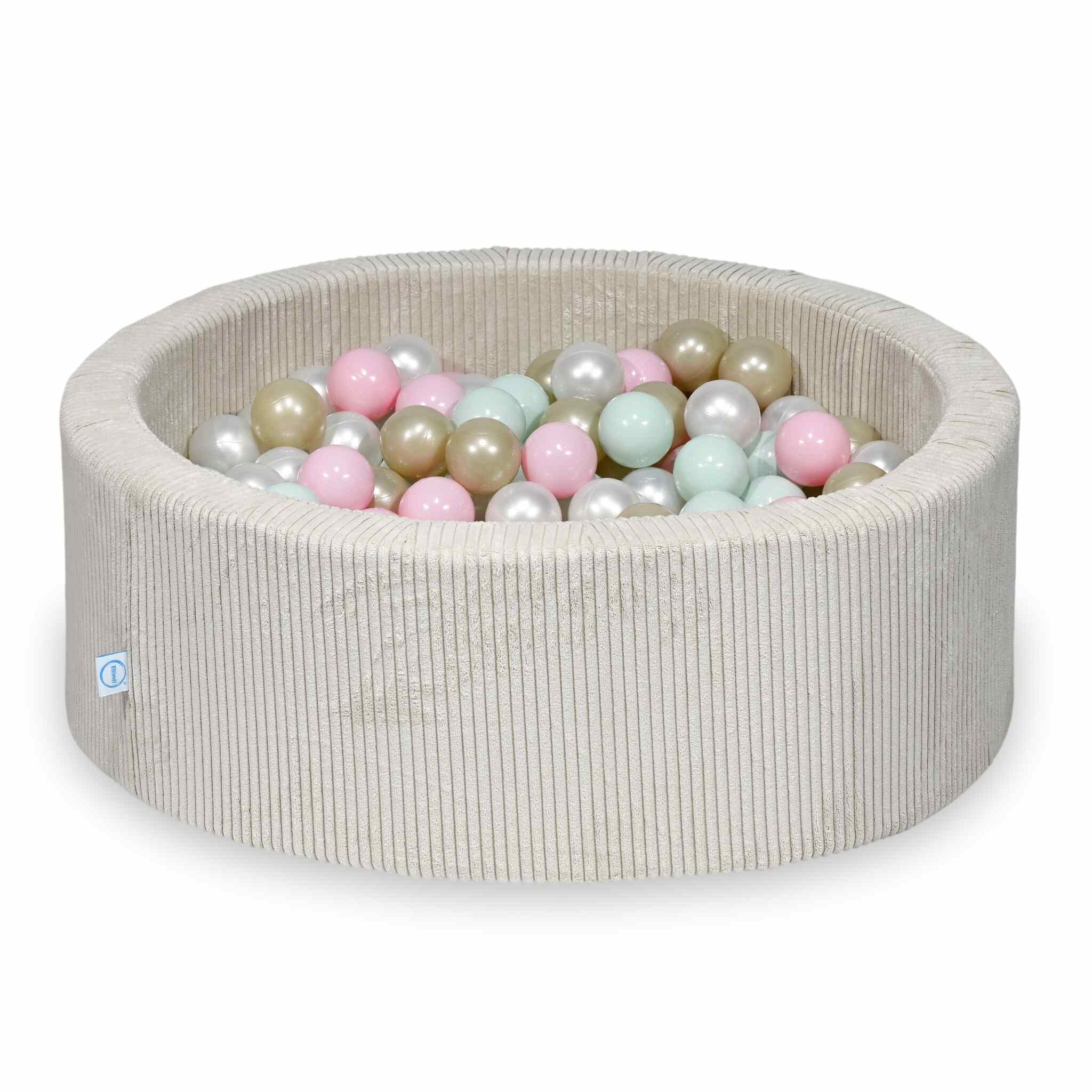 Piscine à balles ronde en velours côtelé beige 90x30cm – 200 balls (nacrées, rose clair, vert menthe clair, or clair)