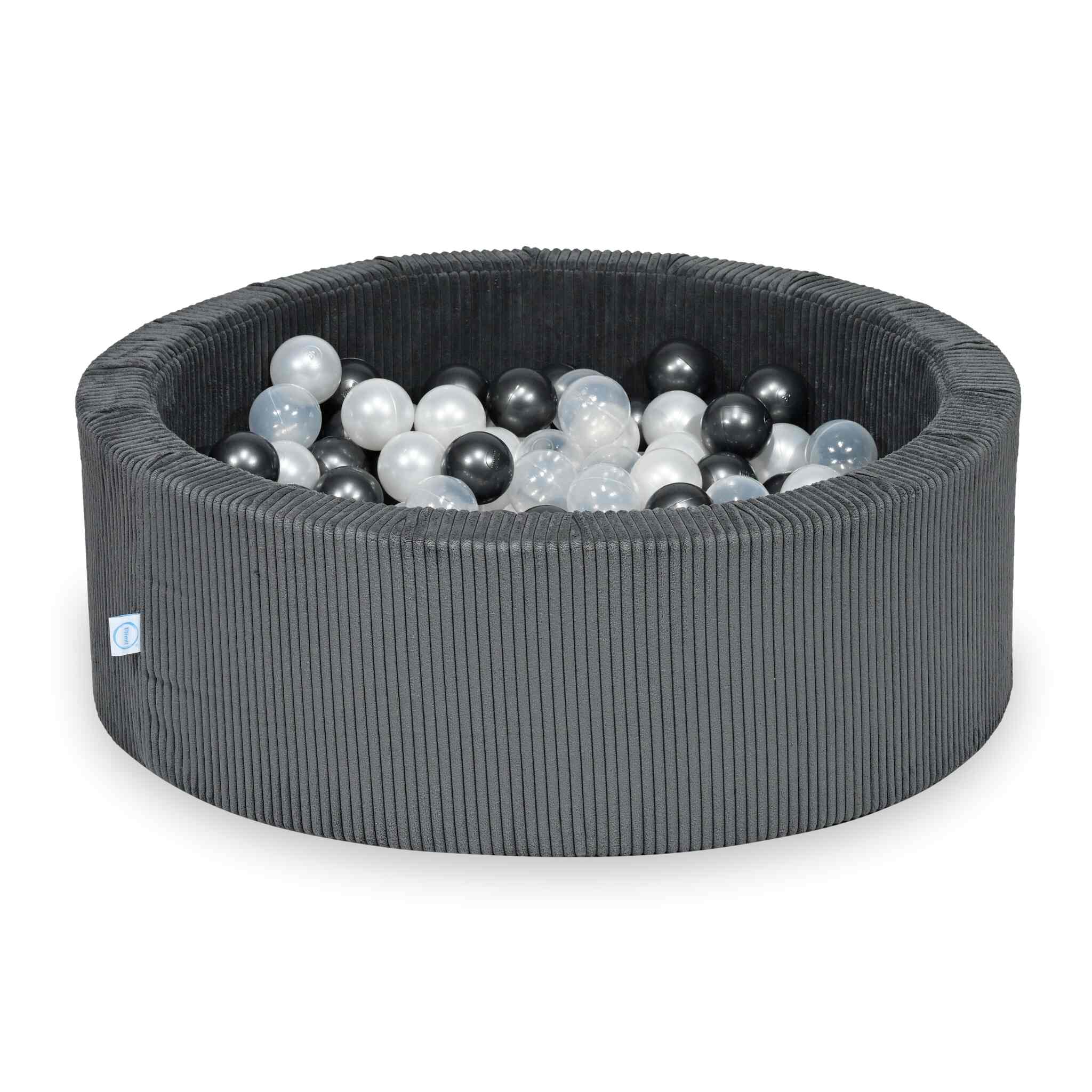 Piscine à balles ronde en velours côtelé graphite, 90x30cm – 200 balls (transparent, nacré, graphite métallisé)