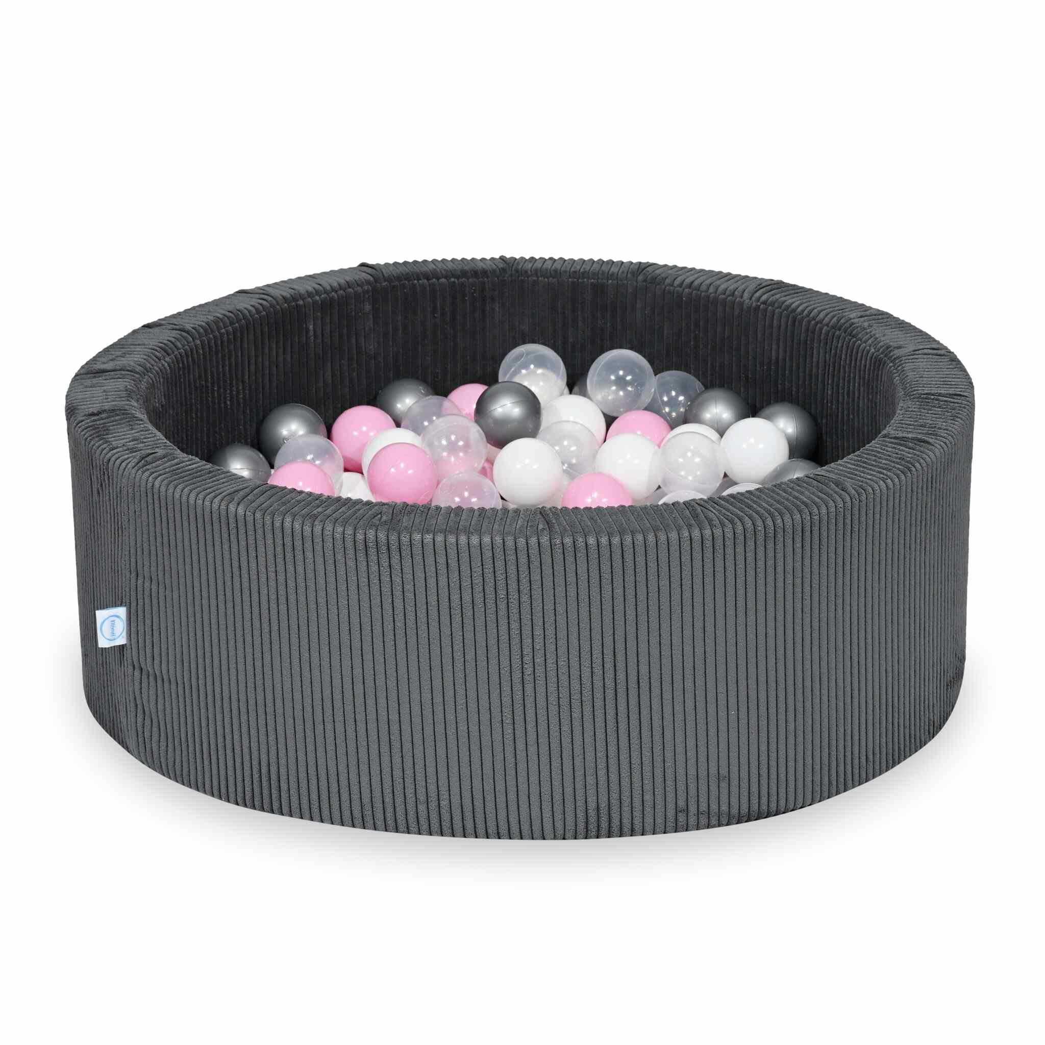 Piscine à balles ronde en velours côtelé graphite, 90x30cm – 200 balls (transparent, blanc,argenté, rose poudré)