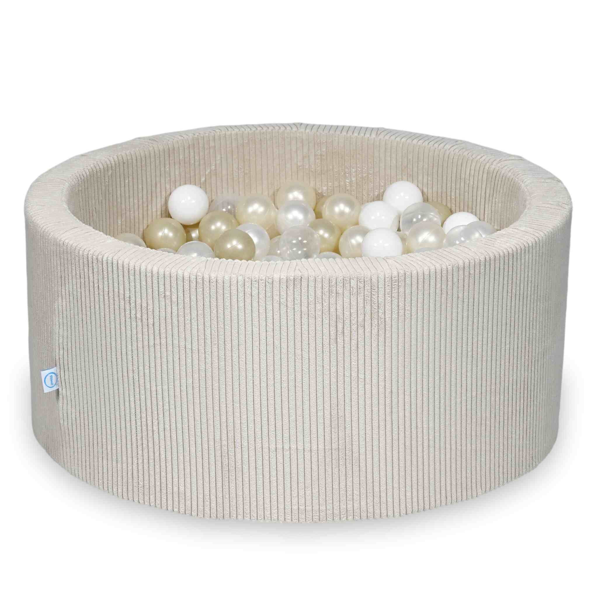 Piscine à balles ronde en velours côtelé beige, 90x40cm – Beige, 300 balls (transparentes, blanches, nacrées, or clair, irisées)
