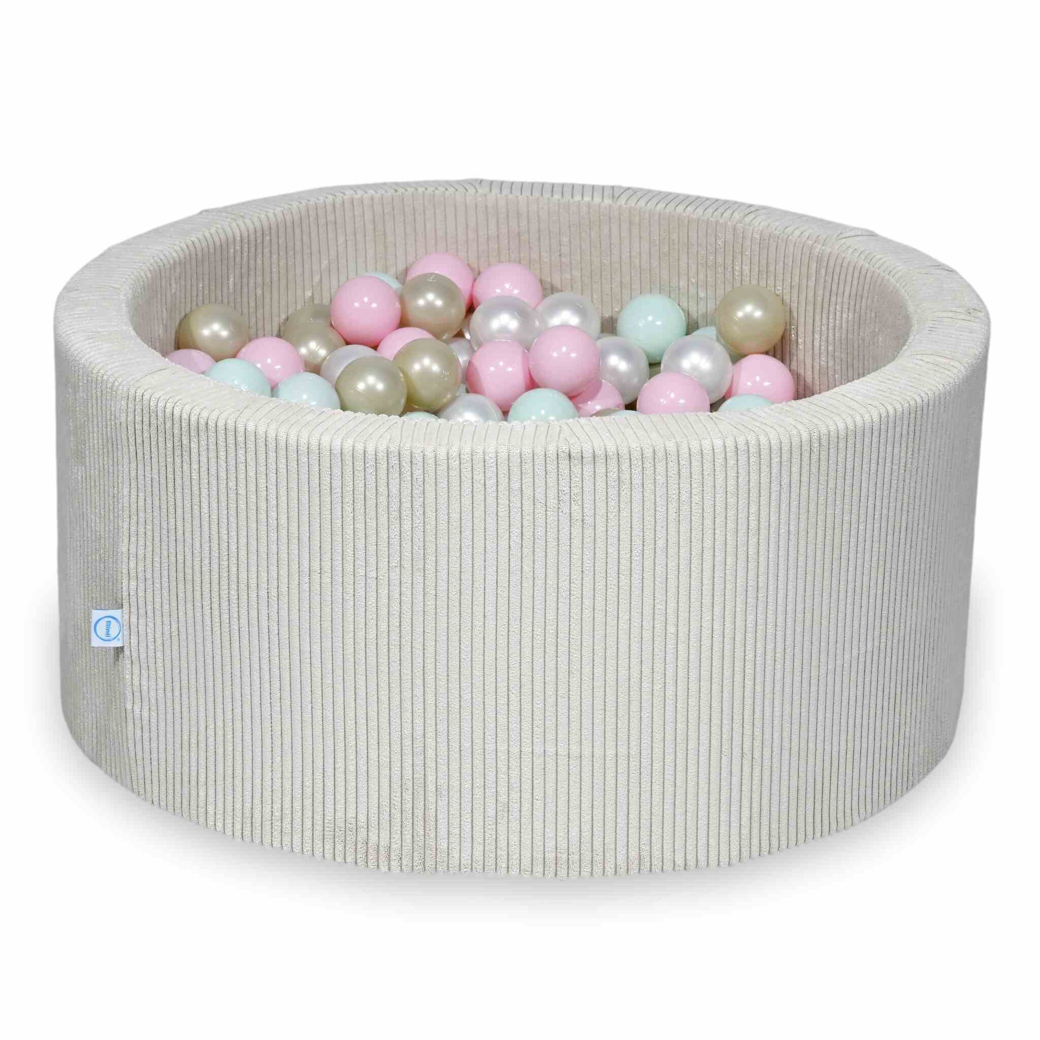Piscine à balles ronde en velours côtelé beige, 90x40cm – Beige, 300 balls (nacrées, rose clair, vert menthe clair, or clair)