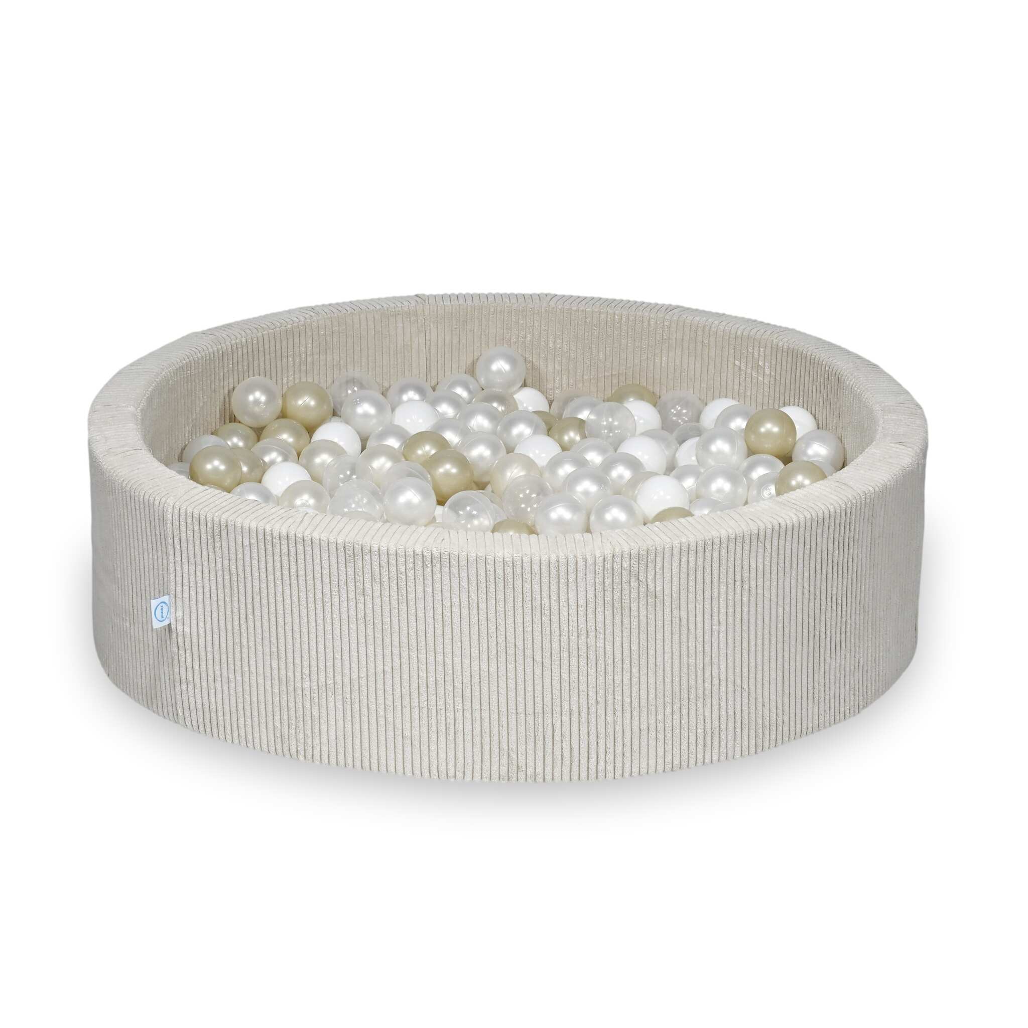 Piscine à balles ronde en velours côtelé beige, 110x30cm – Beige, 400 balls (transparentes, blanches, nacrées, or clair, irisées)