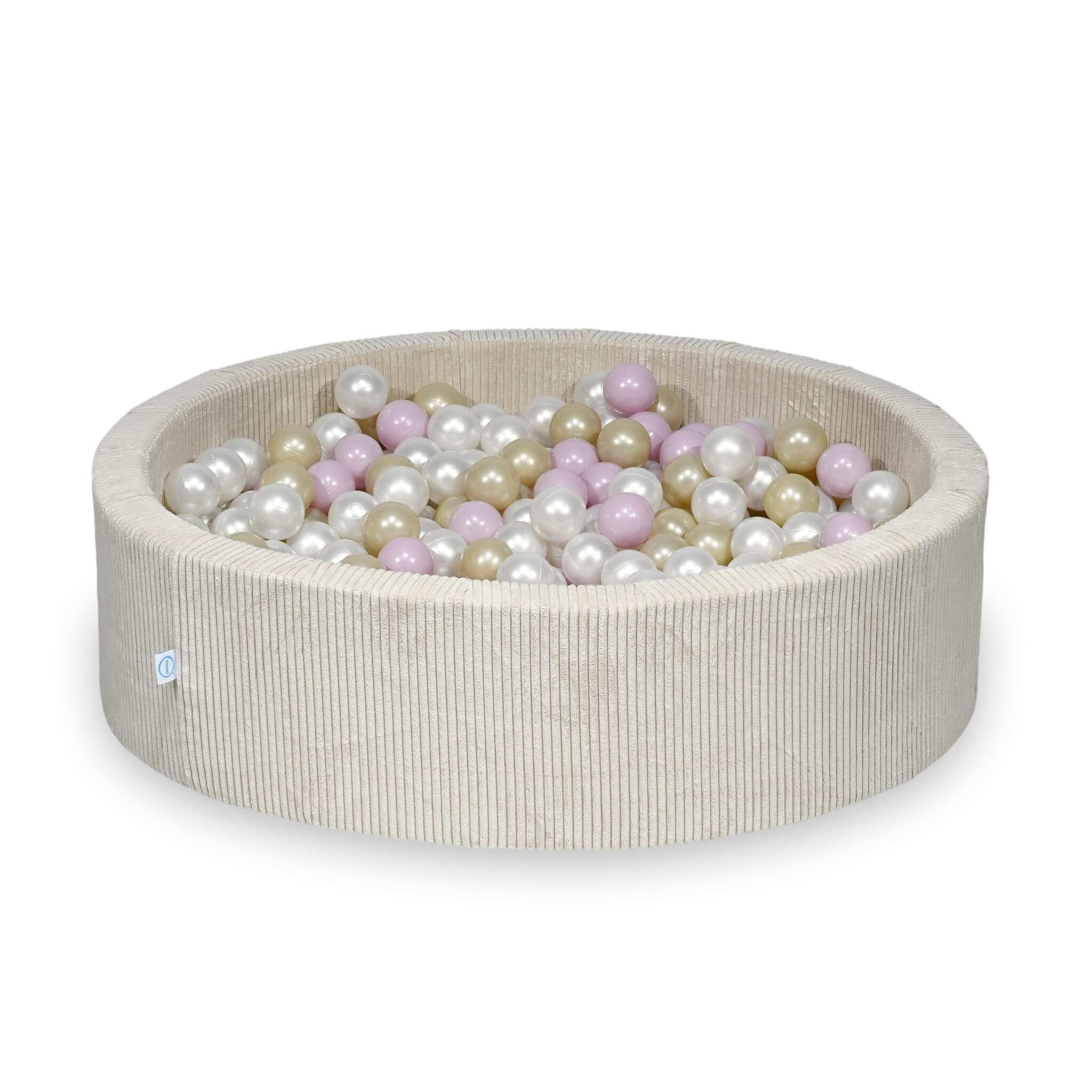 Piscine à balles ronde en velours côtelé beige, 110x30cm – 400 balls (nacrées, rose clair nacré, or clair)
