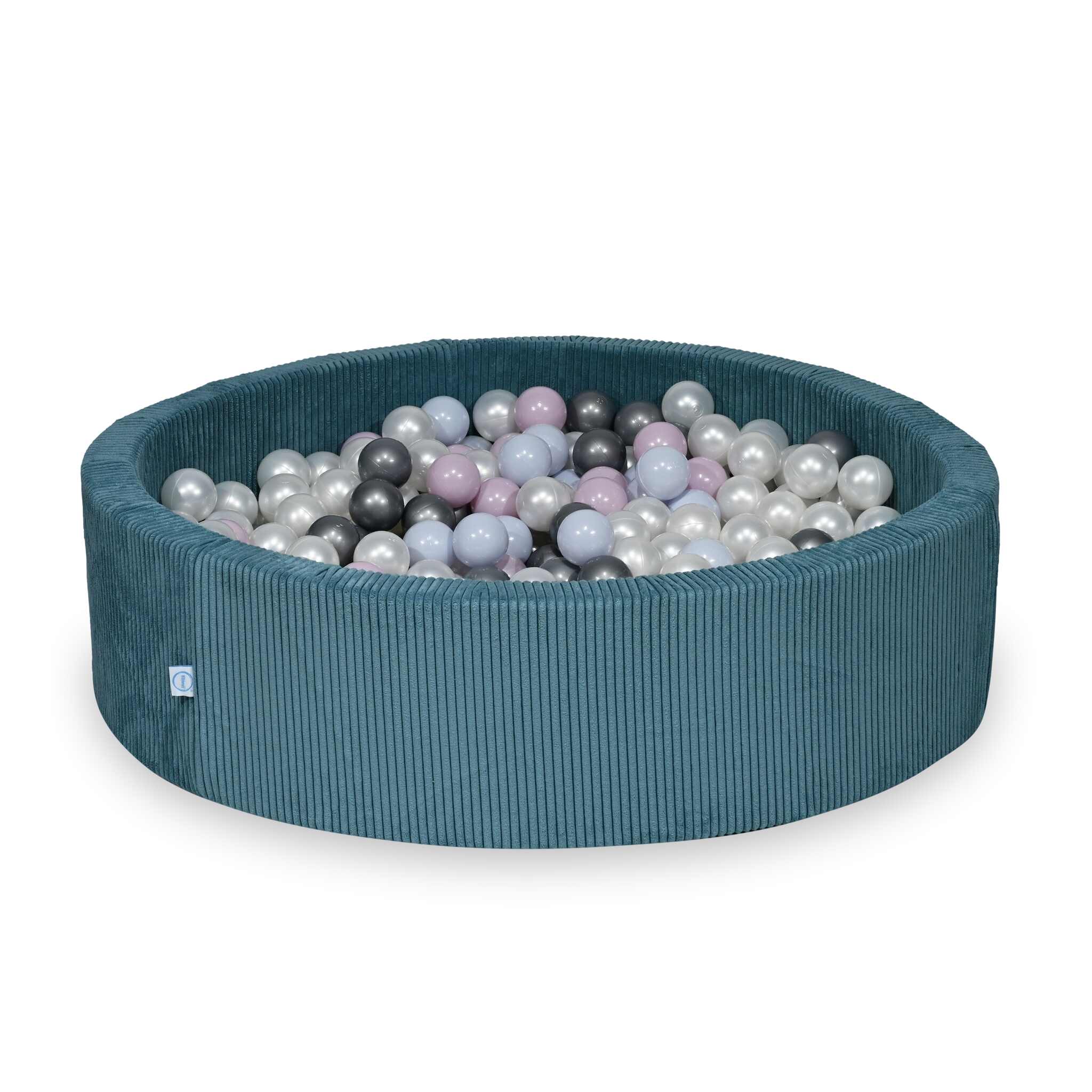 Piscine à balles ronde en velours côtelé bleu, 110x30cm – 400 balls (transparent, argenté, bleu ciel nacré, irisé)
