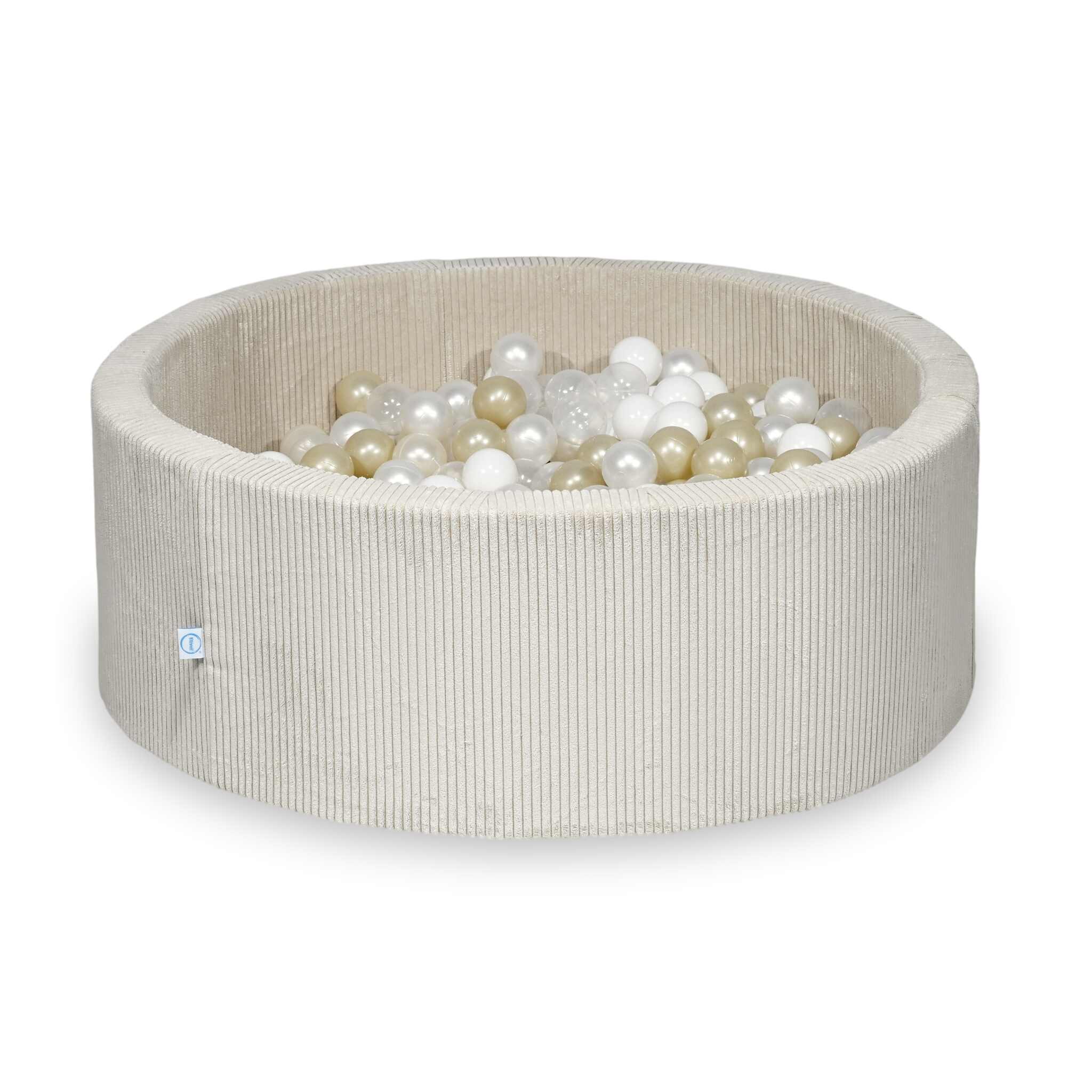 Piscine à balles ronde en velours côtelé beige, 110x40cm – Beige, 500 balls (transparentes, blanches, nacrées, or clair, irisées)