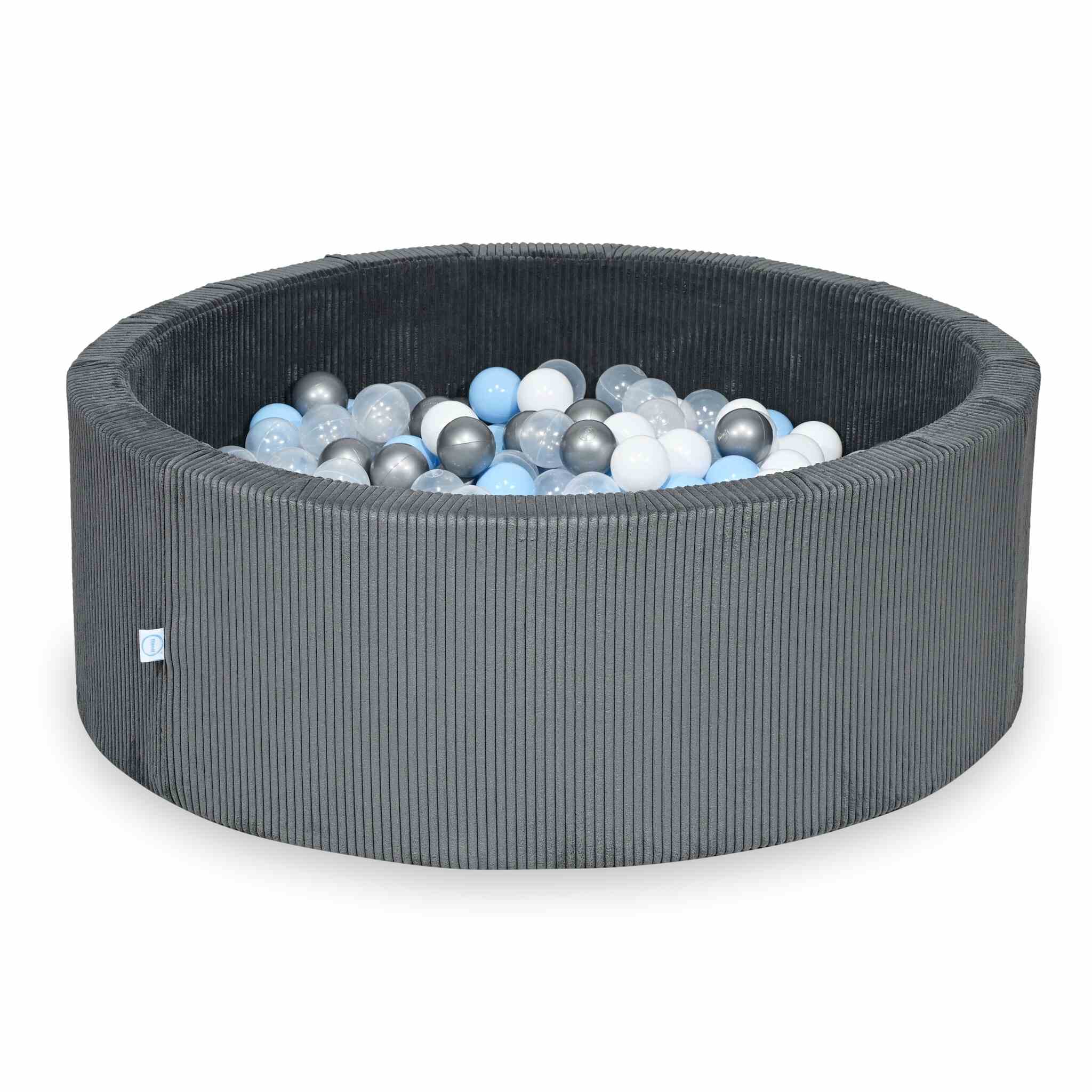 Piscine à balles ronde en velours côtelé graphite, 110x40cm – 500 balls (transparent, blanc, argenté, bleu clair)