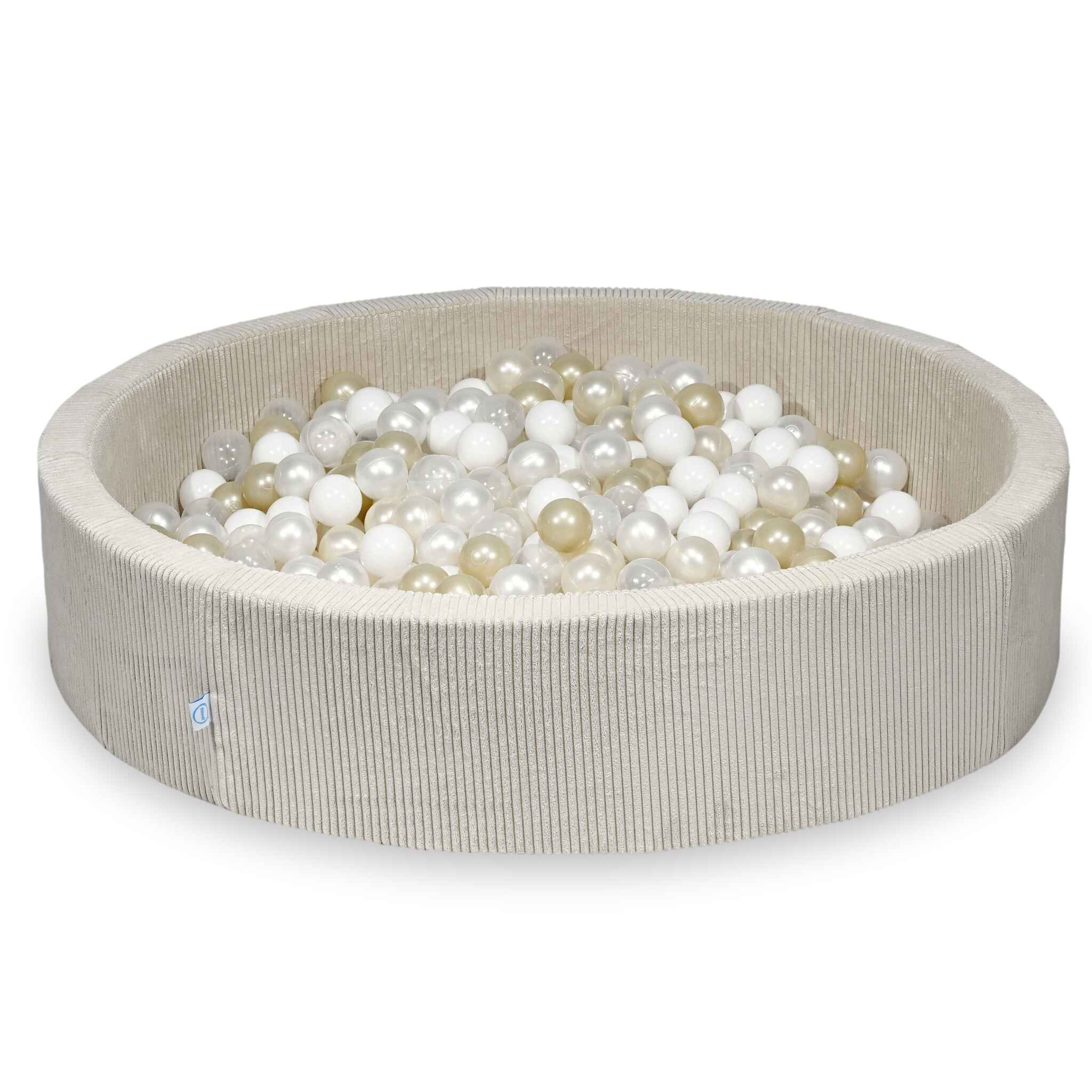 Piscine à balles ronde en velours côtelé beige, 130x30cm – Beige, 600 balls (transparentes, blanches, nacrées, or clair, irisées)