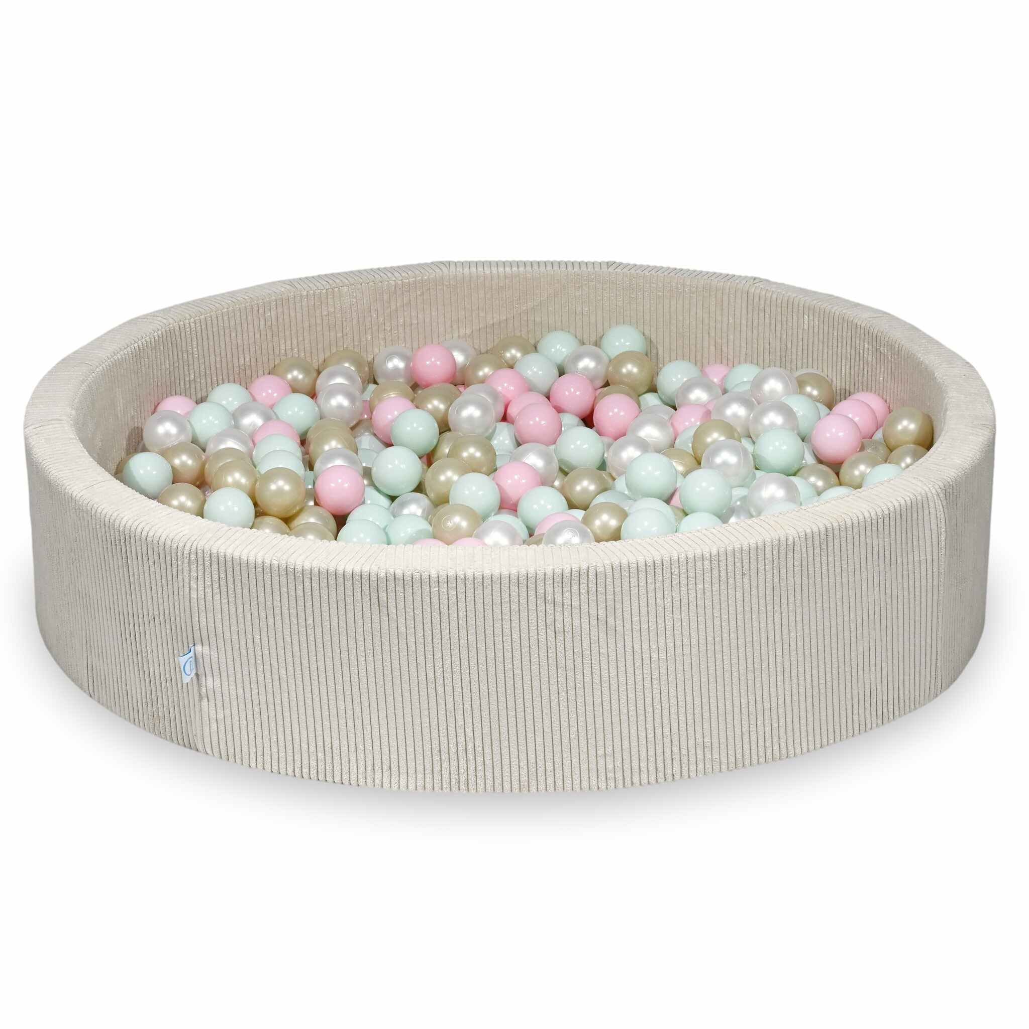 Piscine à balles ronde en velours côtelé beige, 130x30cm – Beige, 600 balls (nacrées, rose clair, vert menthe clair, or clair)