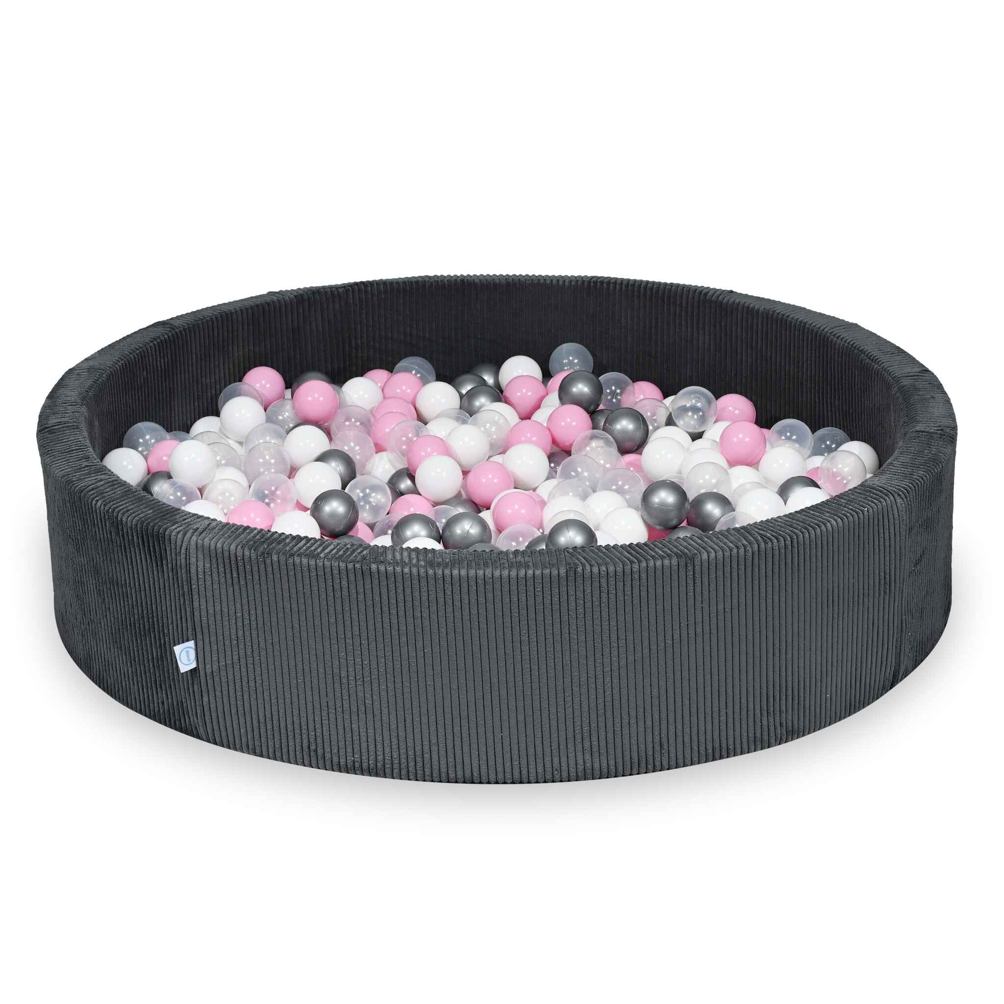 Piscine à balles ronde en velours côtelé graphite, 130x30cm – 600 balls (transparent, blanc,argenté, rose poudré)