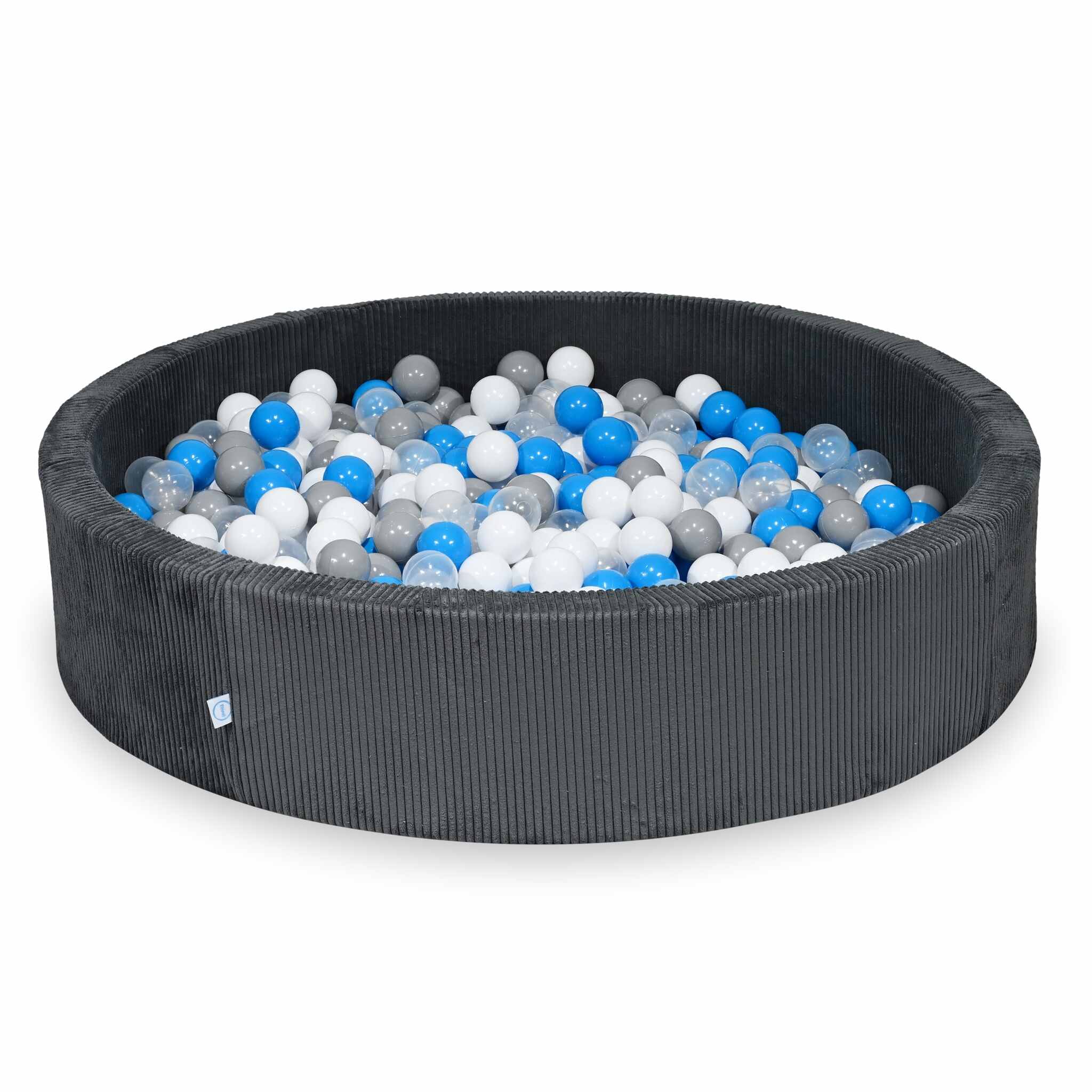 Piscine à balles ronde en velours côtelé graphite, 130x30cm – 600 balls (transparent, blanc,gris, bleu ciel)