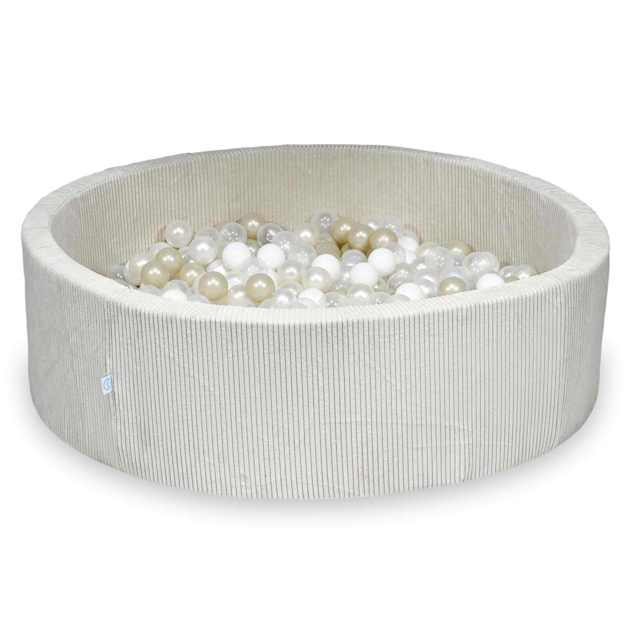 Piscine à balles ronde en velours côtelé beige, 130x40cm – Beige, 700 balls (transparentes, blanches, nacrées, or clair, irisées)