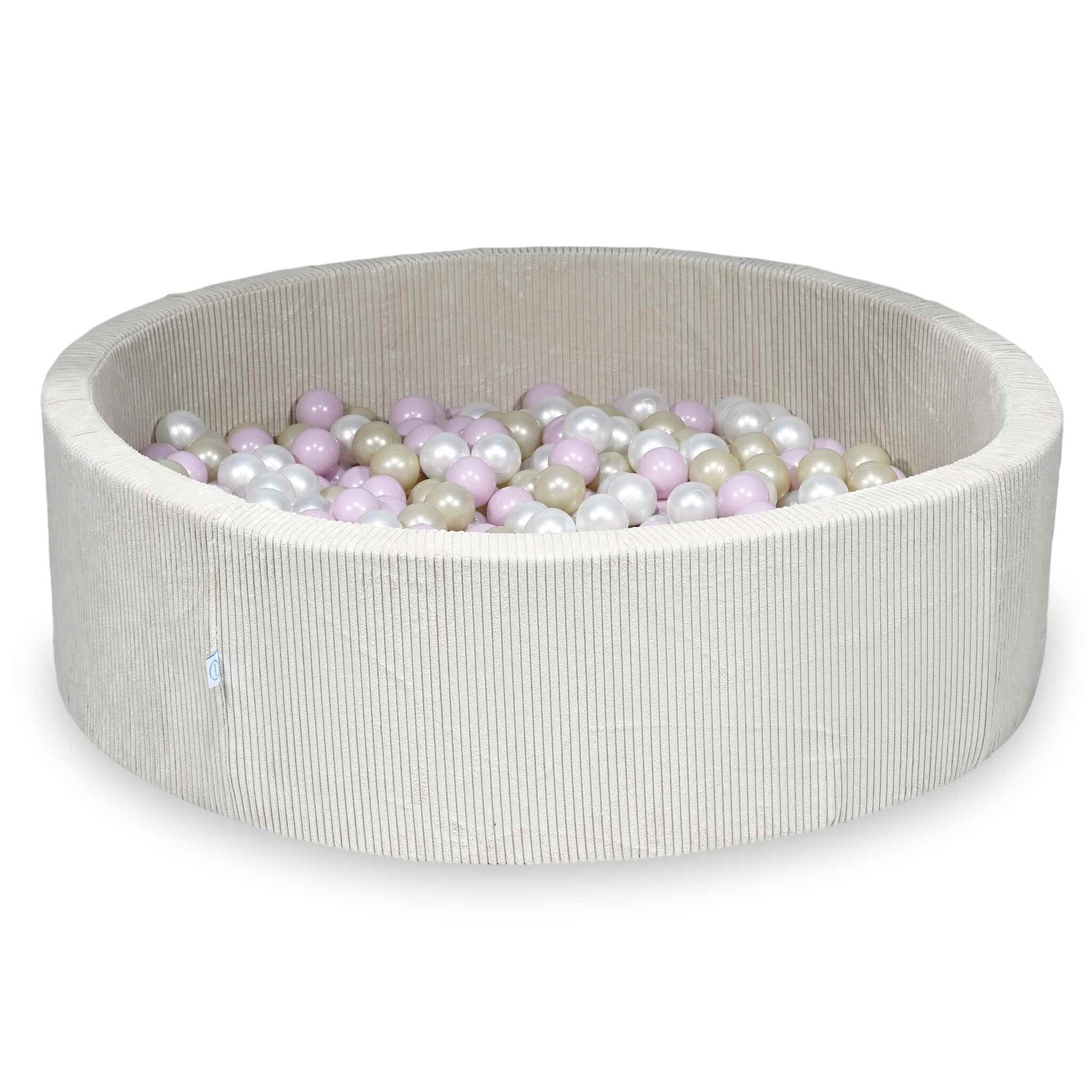 Piscine à balles ronde en velours côtelé beige, 130x40cm – Beige, 700 balls (nacrées, rose clair nacré, or clair)