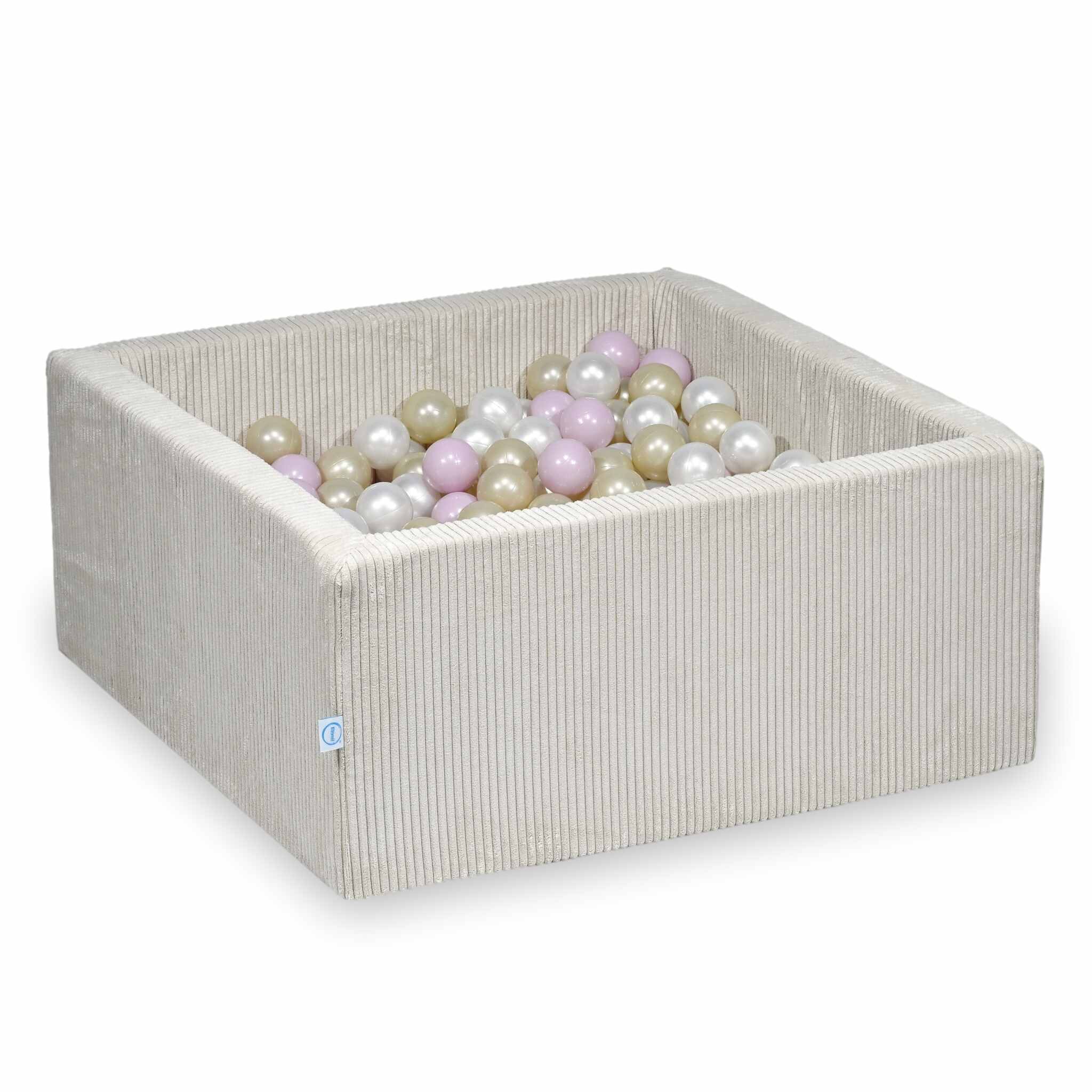 Piscine à balles square en velours côtelé beige, 90x90x40cm – Beige, 400 balls (nacrées, rose clair nacré, or clair)