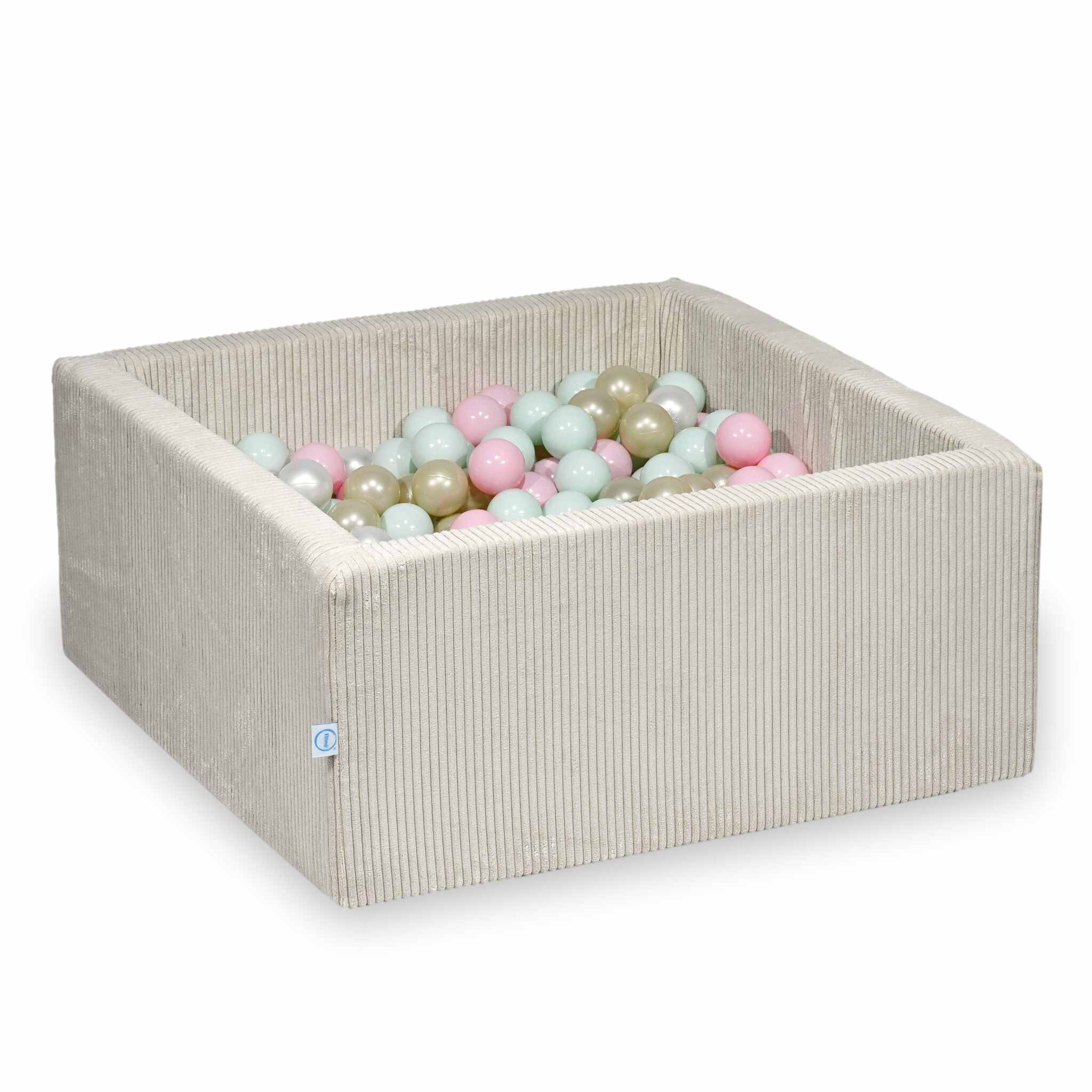 Piscine à balles square en velours côtelé beige, 90x90x40cm – Beige, 400 balls (nacrées, rose clair, vert menthe clair, or clair)