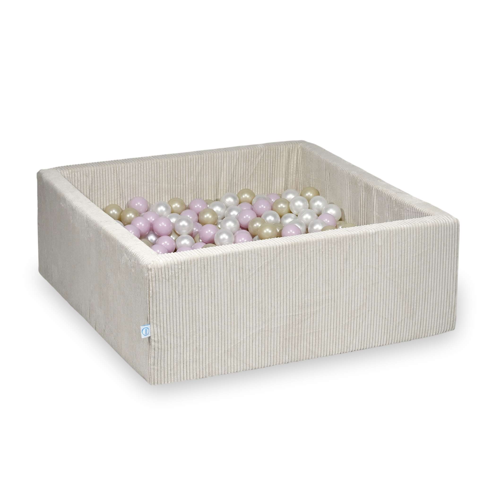Piscine à balles square en velours côtelé beige, 110x110x40cm – Beige, 600 balls (nacrées, rose clair nacré, or clair)