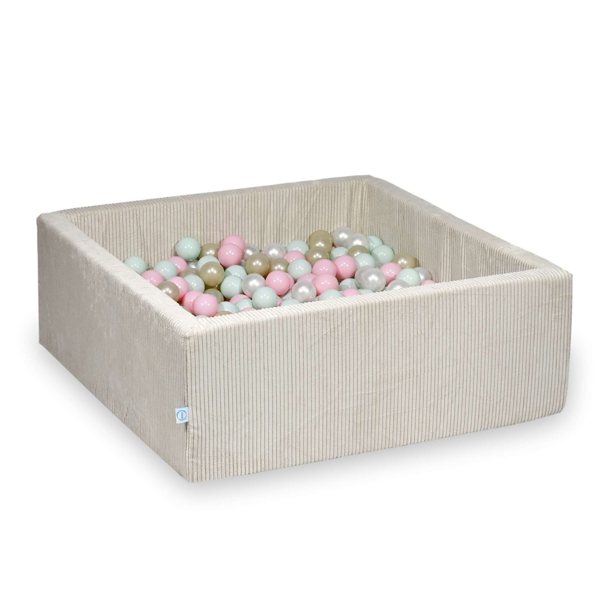 Piscine à balles square en velours côtelé beige, 110x110x40cm – Beige, 600 balls (nacrées, rose clair, vert menthe clair, or clair)