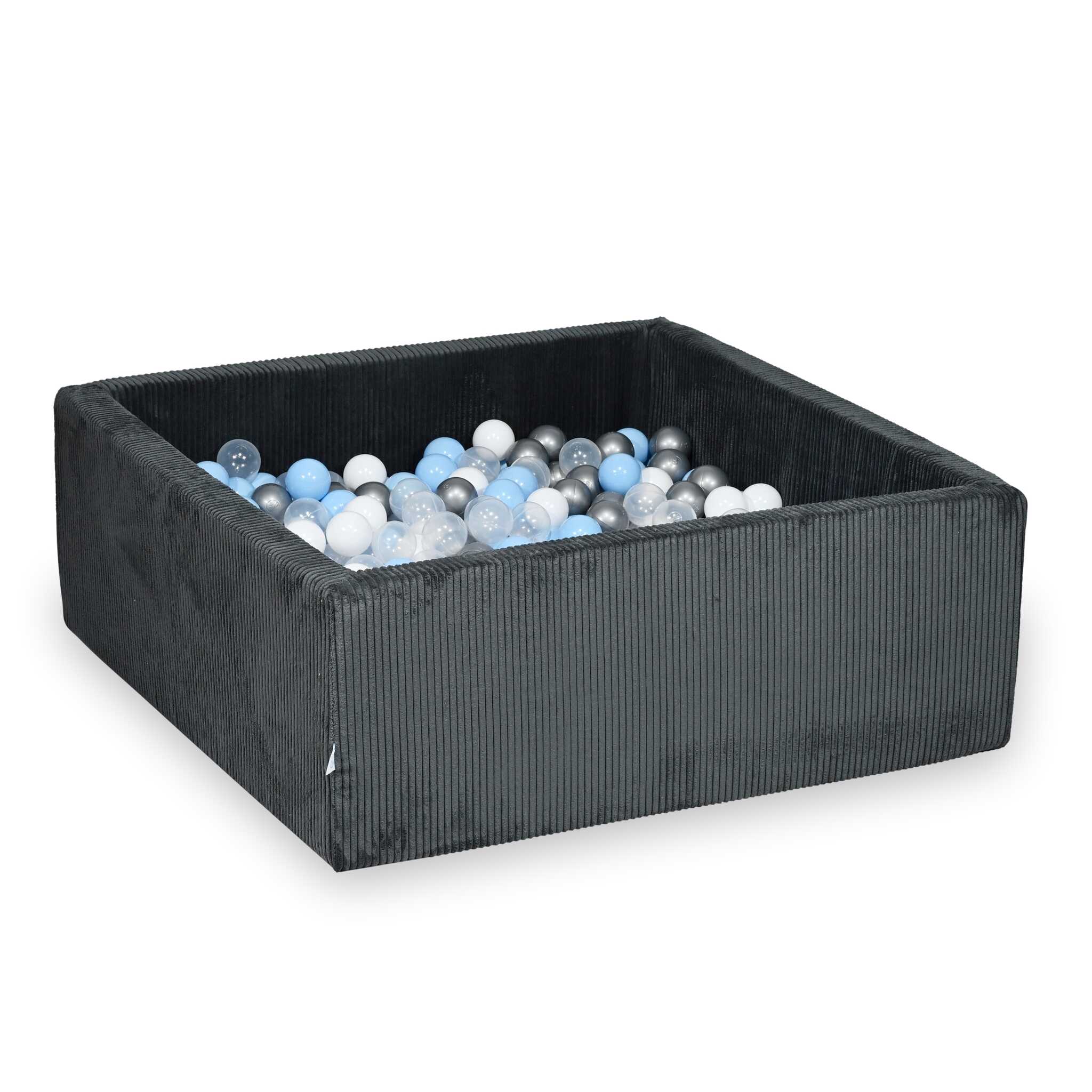 Piscine à balles square en velours côtelé graphite, 110x110x40cm – 600 balls (transparent, blanc, argenté, bleu clair)