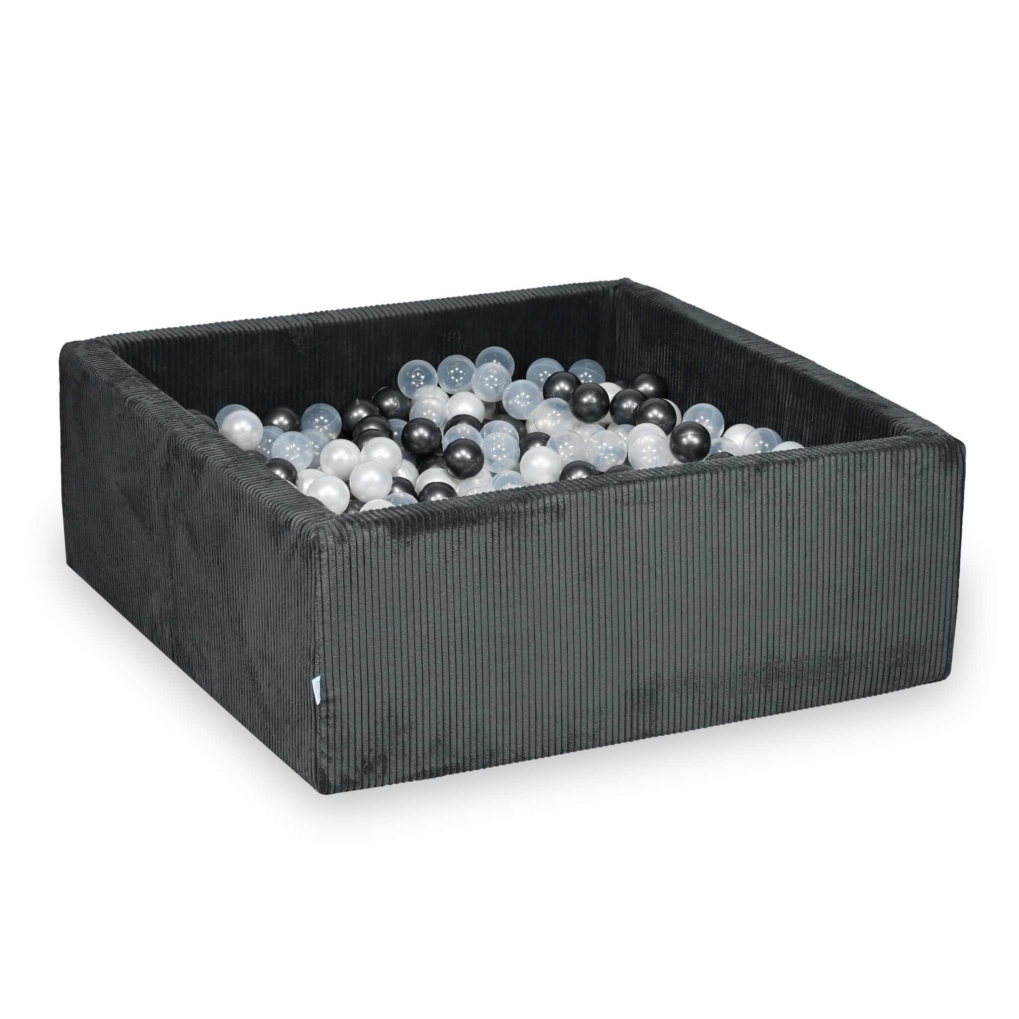 Piscine à balles square en velours côtelé graphite, 110x110x40cm – 600 balls (transparent, blanc,argenté, rose poudré)