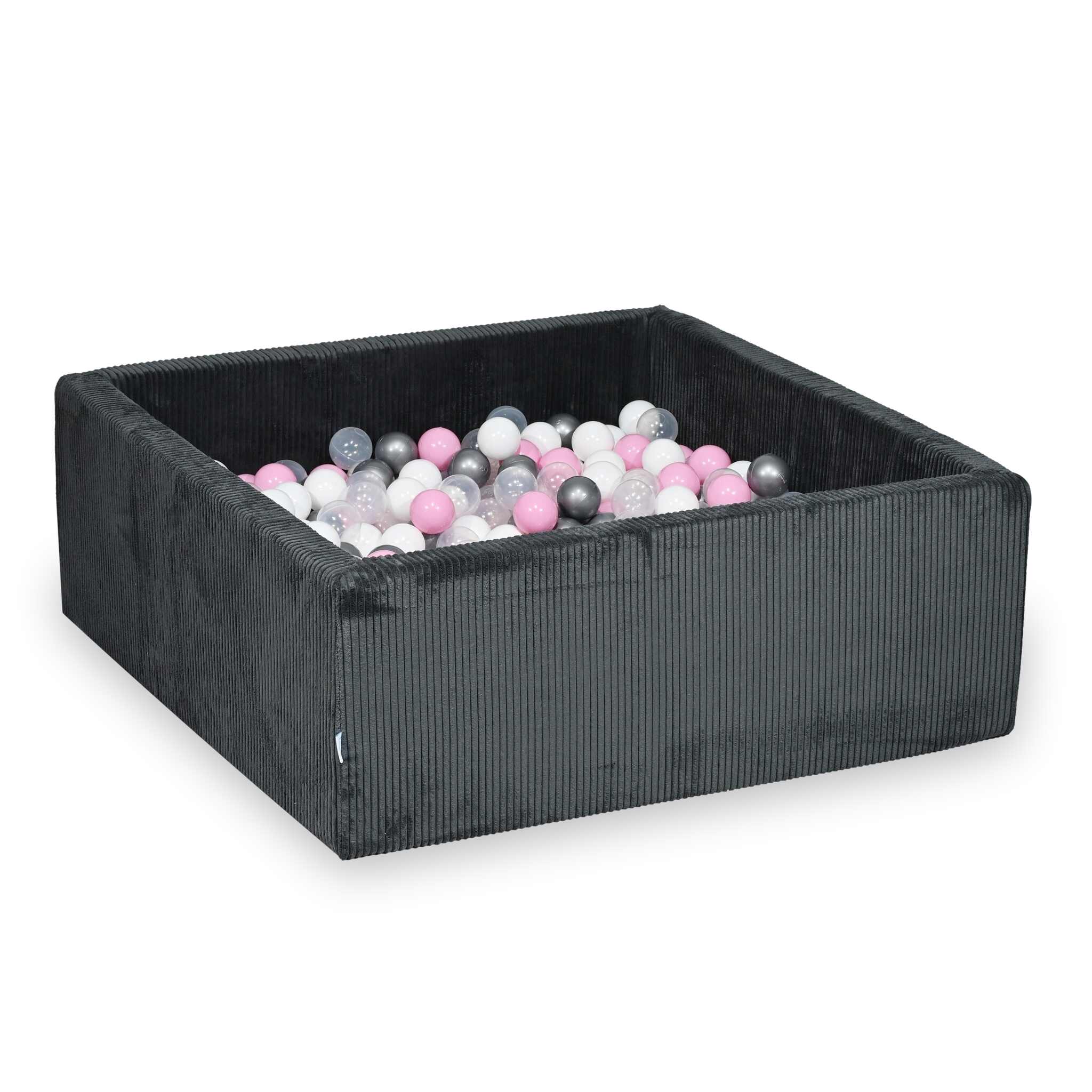 Piscine à balles square en velours côtelé graphite, 110x110x40cm – 600 balls (transparent, blanc,argenté, rose poudré)