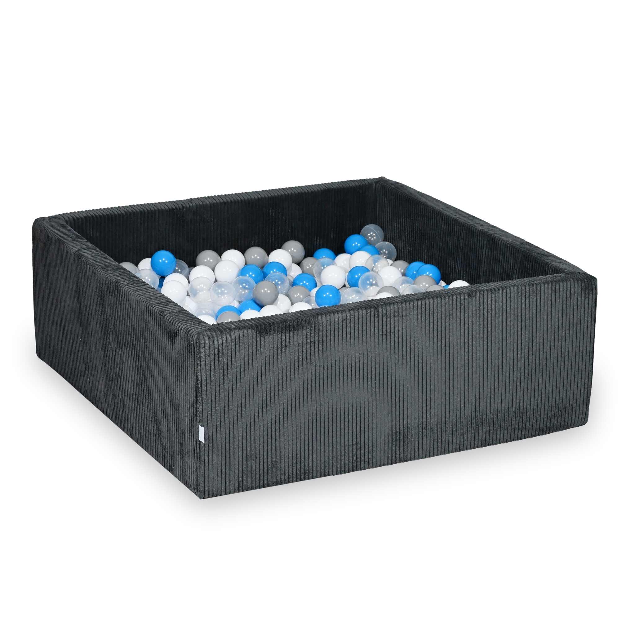 Piscine à balles square en velours côtelé graphite, 110x110x40cm – 600 balls (transparent, blanc,argenté, rose poudré)