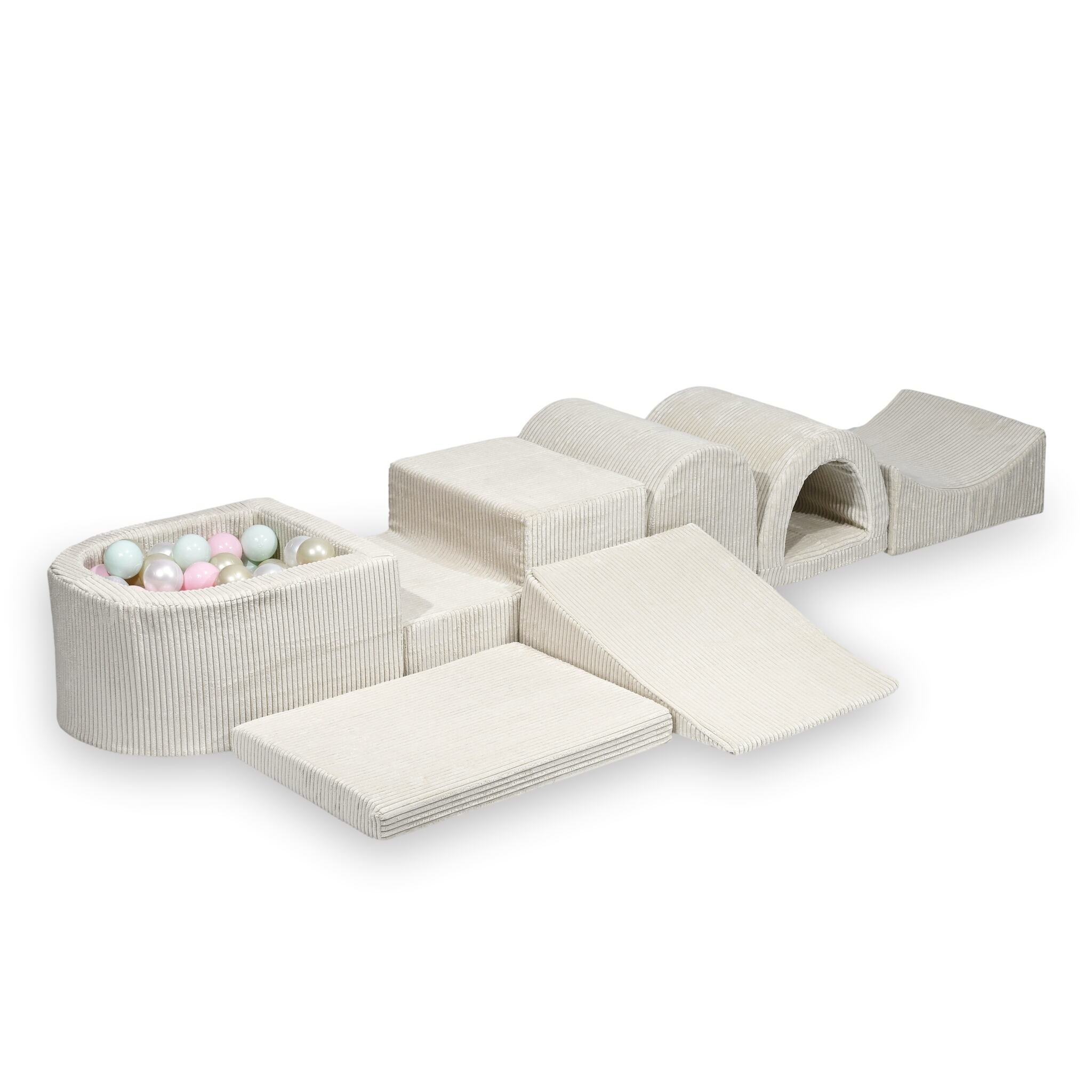 Plus grande aire de jeux en mousse avec piscine micro côtelé beige + 100 balles