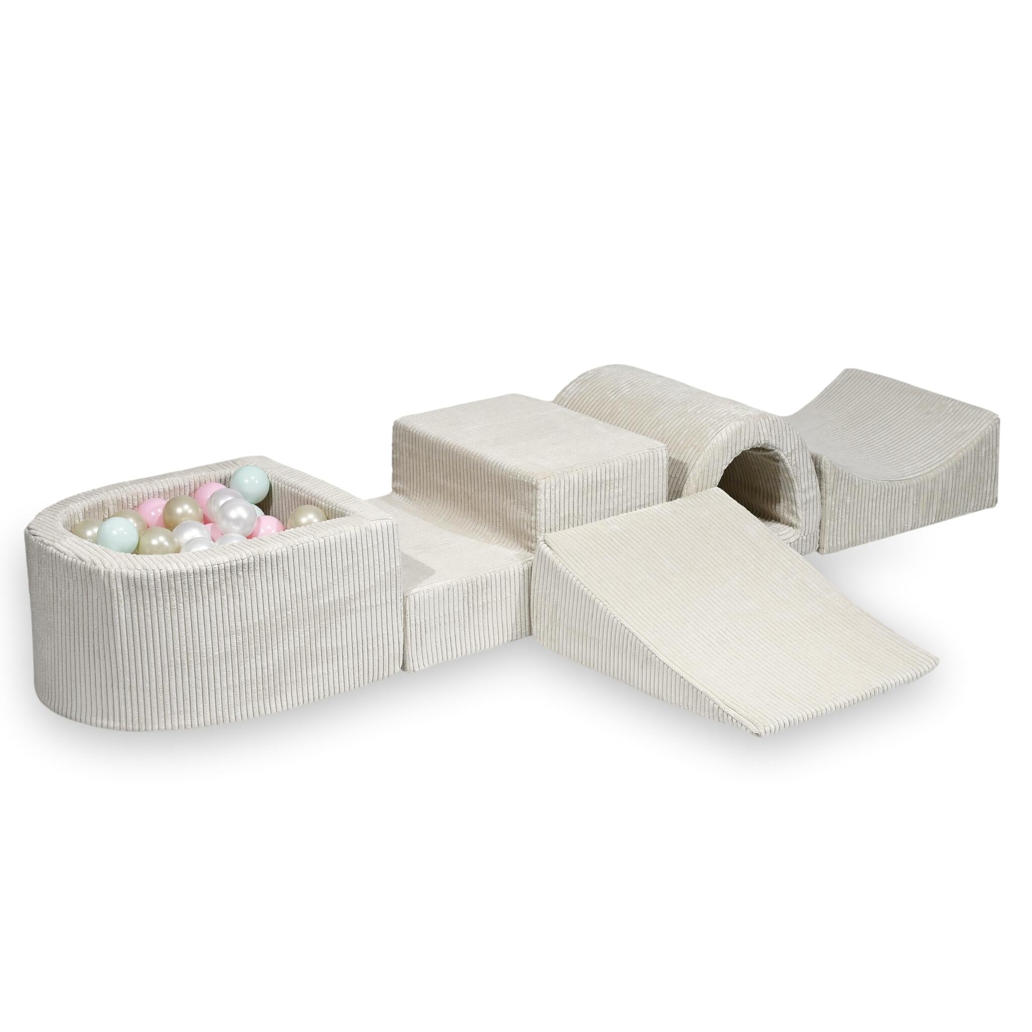 Aire de jeux en mousse avec pont et piscine micro côtelé beige + 100 balles