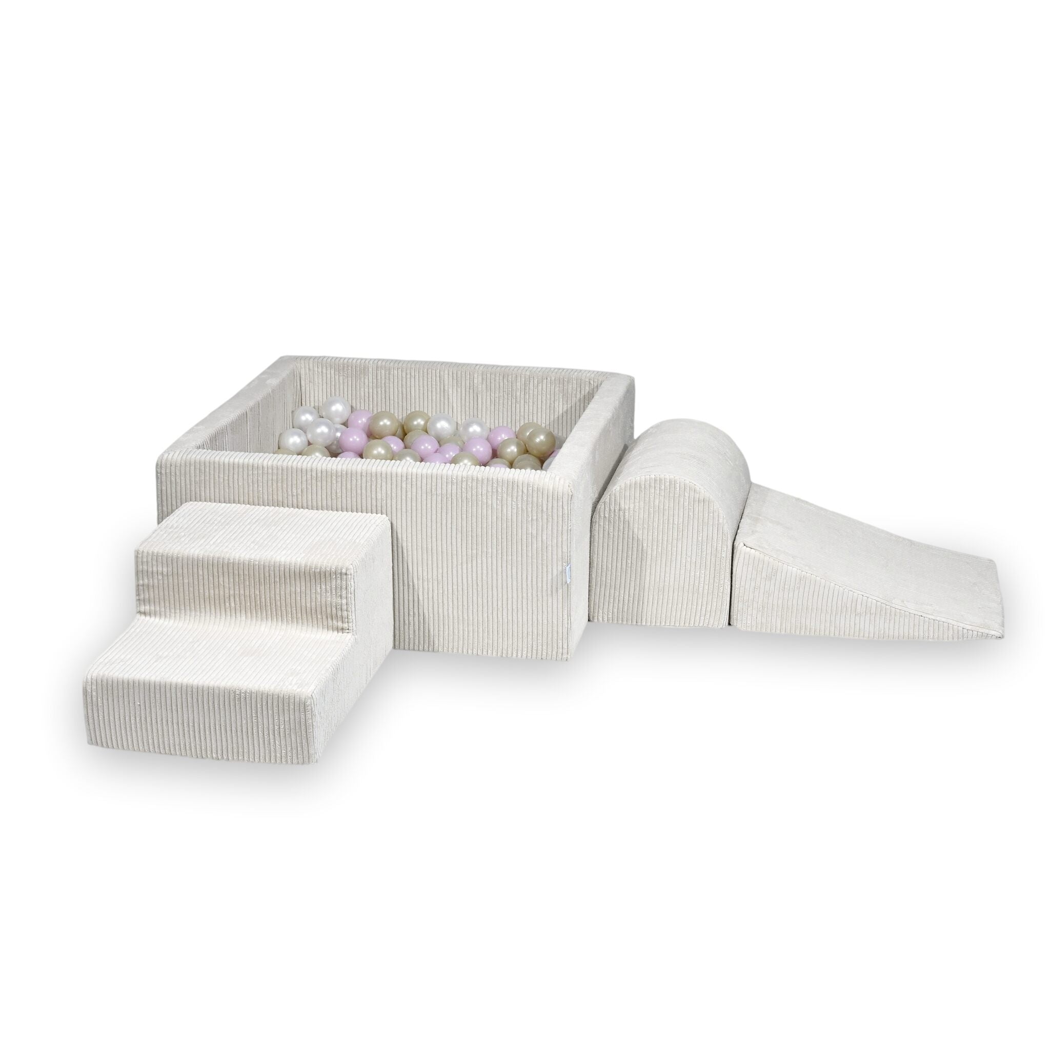 Aire de jeux en mousse avec piscine à balles carrée set de jeu enfant 90x90x40 côtelé beige + 400 balles