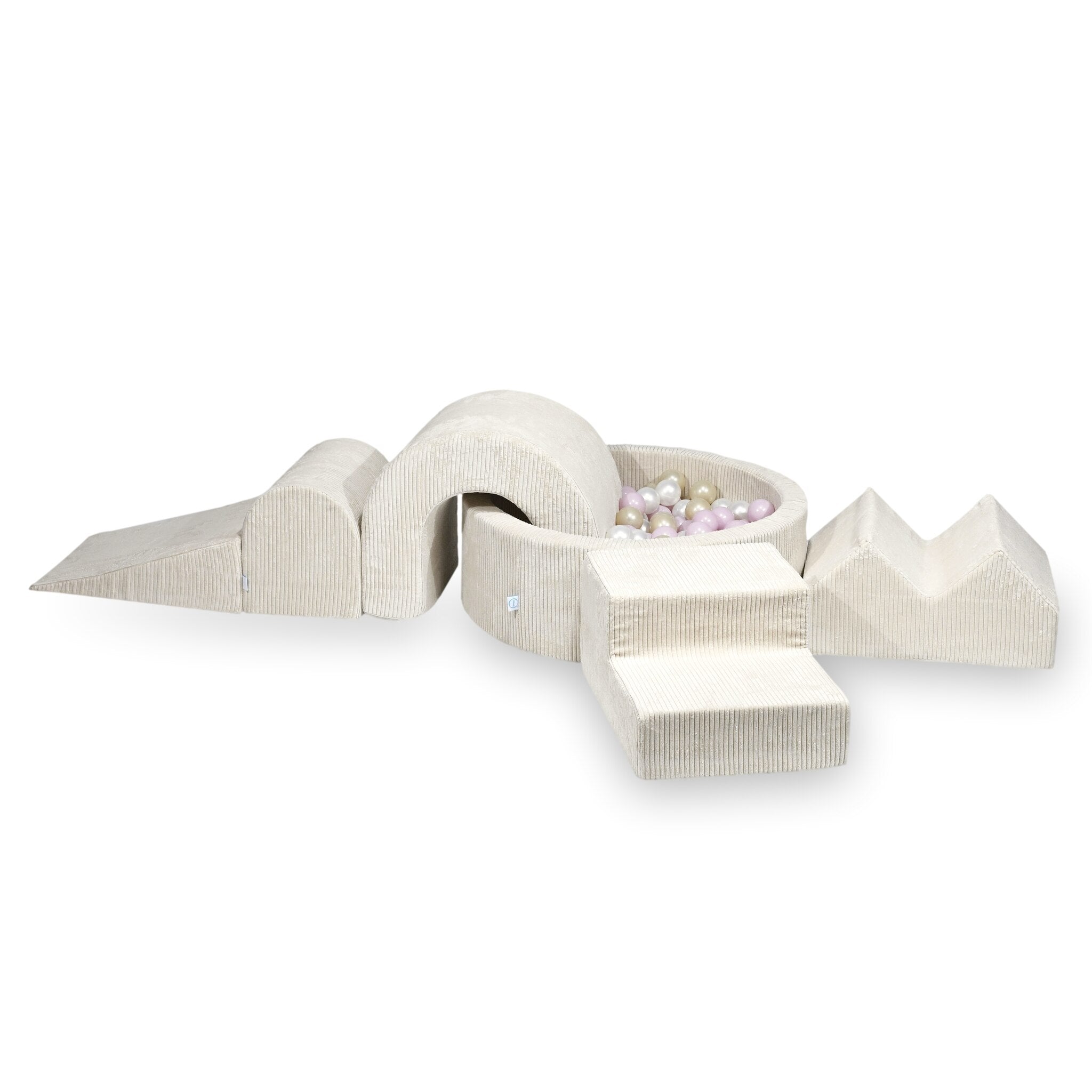 Aire de jeux en mousse avec piscine ronde 90x30 côtelé beige + 5 éléments + 200 balles
