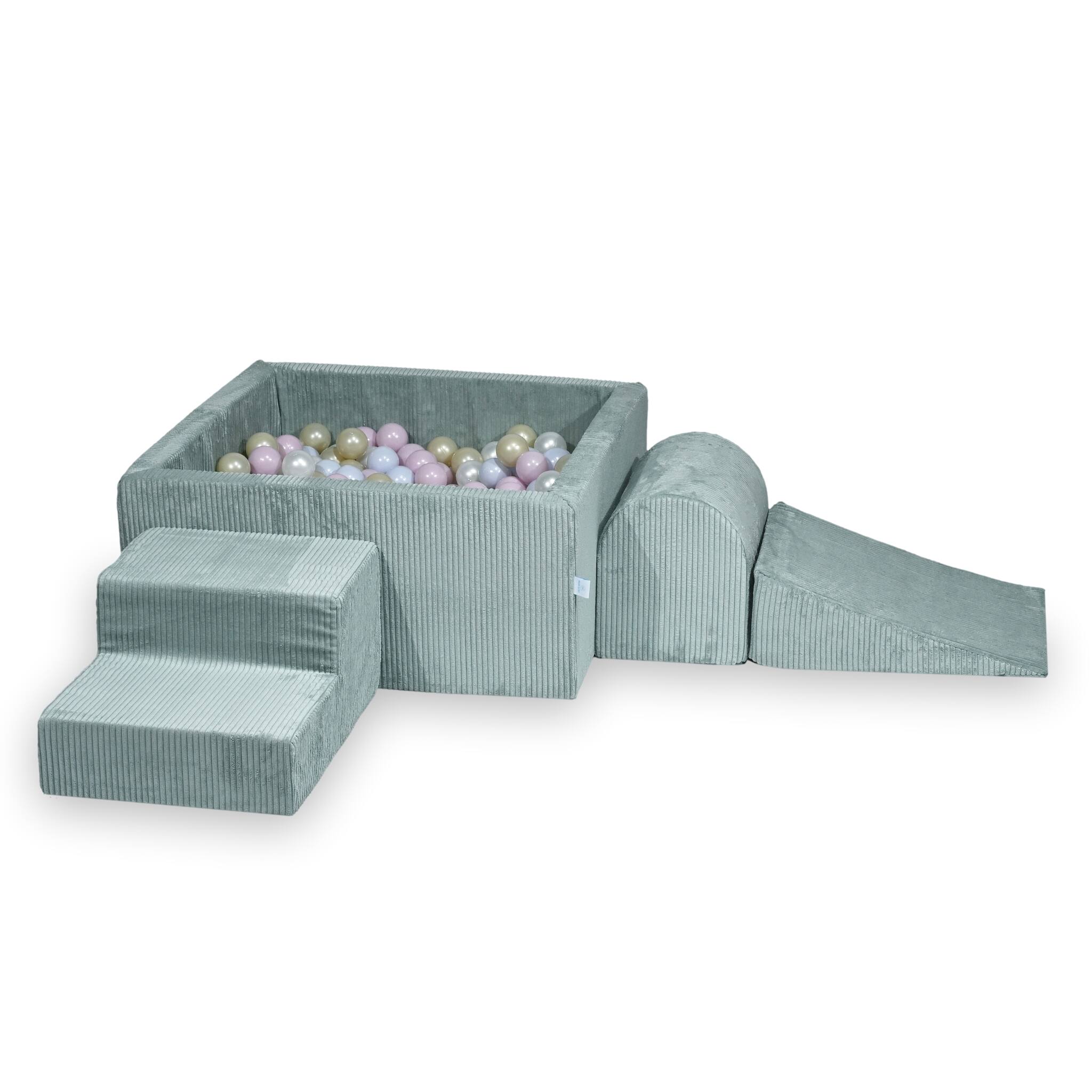 Aire de jeux en mousse avec piscine à balles carrée set de jeu enfant 90x90x40 côtelé menthe claire+ 400 balles