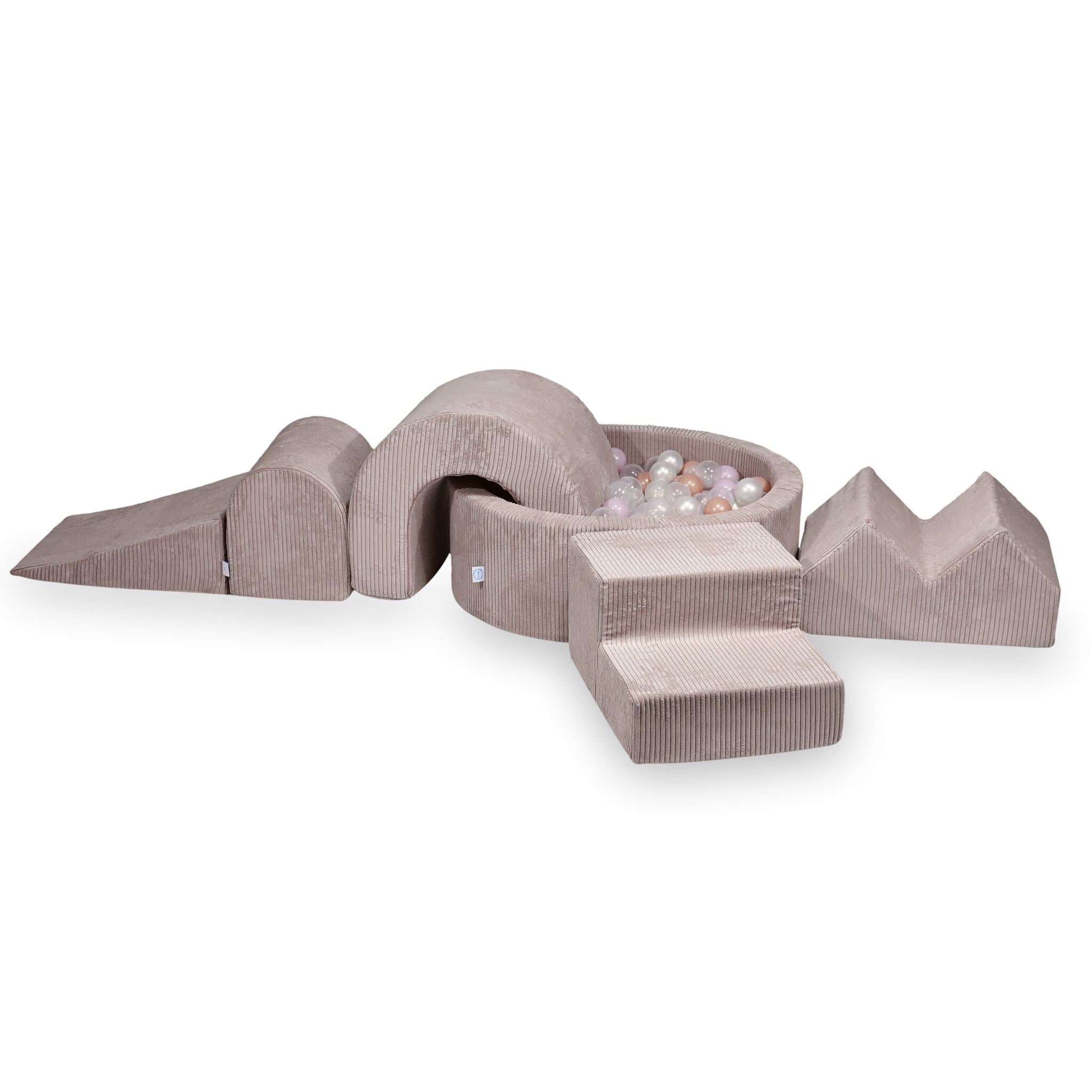 Aire de jeux en mousse avec piscine ronde 90x30 côtelé rose clair + 5 éléments + 200 balles