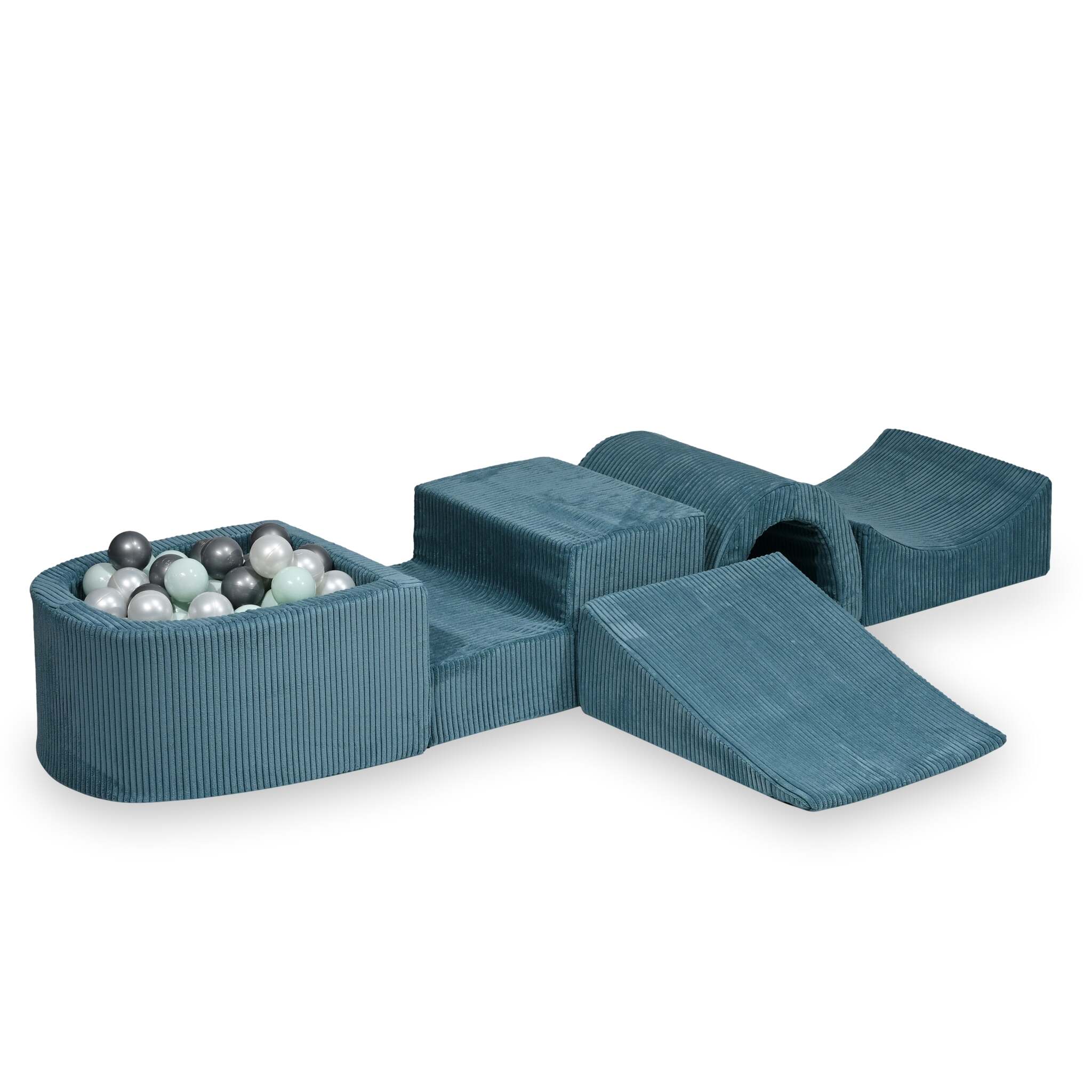 Aire de jeux en mousse avec pont et piscine micro côtelé bleu + 100 balles