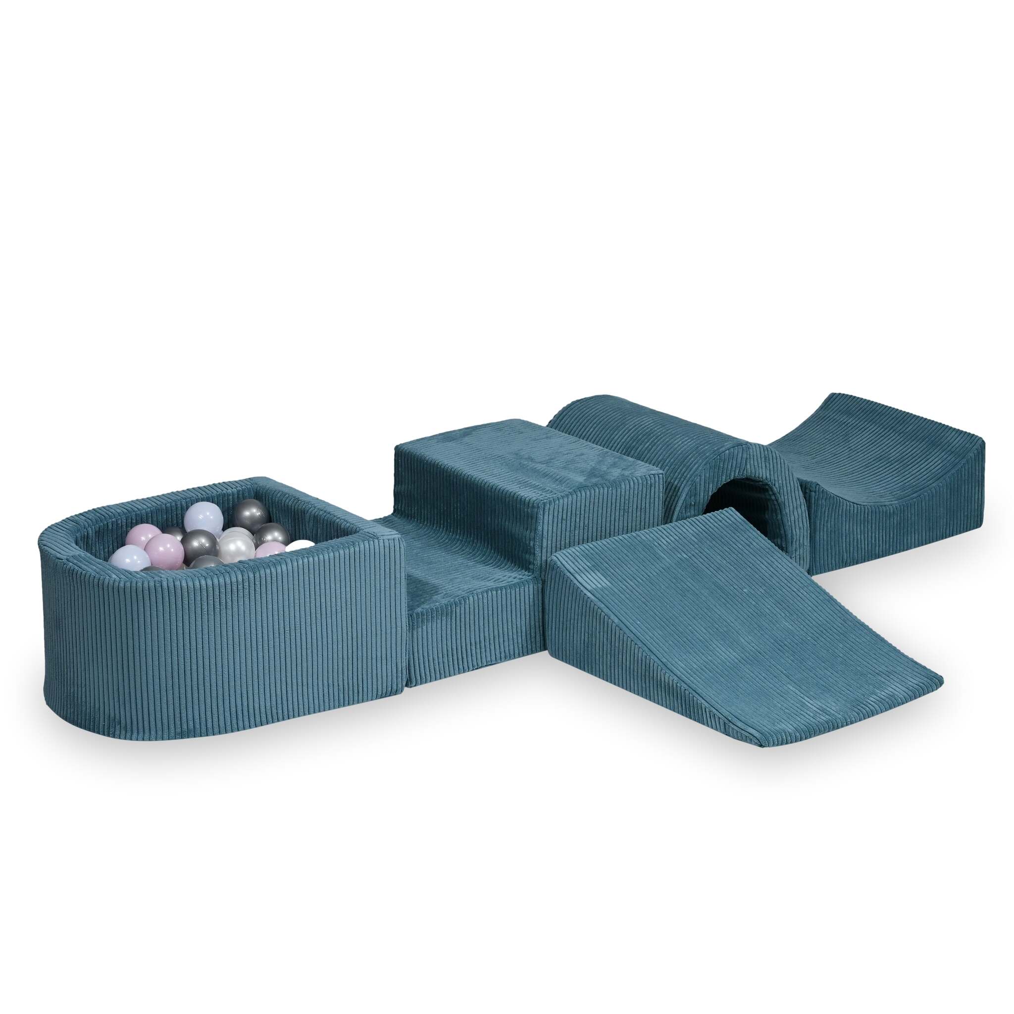 Aire de jeux en mousse avec pont et piscine micro côtelé bleu + 100 balles