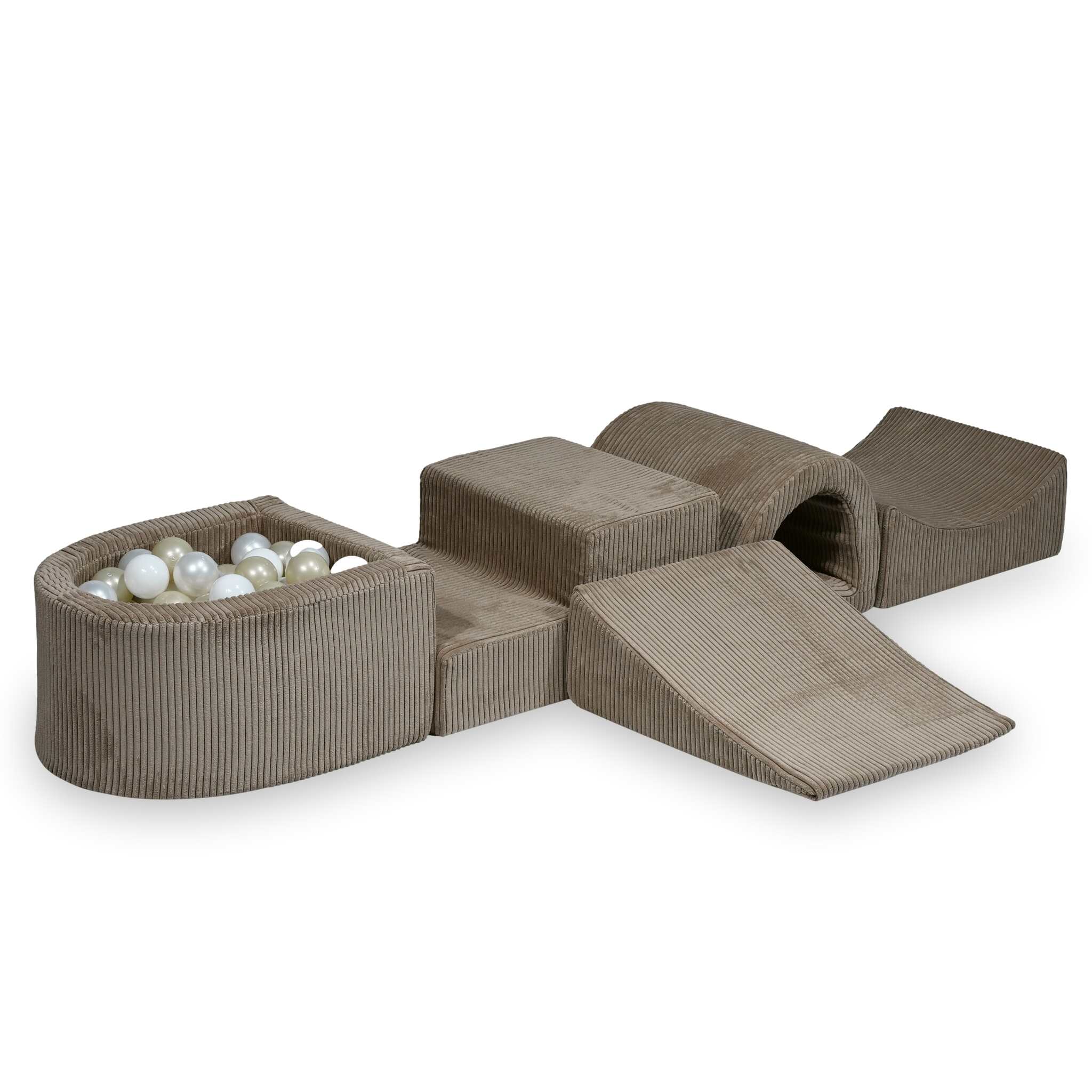 Aire de jeux en mousse avec pont et piscine micro côtelé toffee + 100 balles