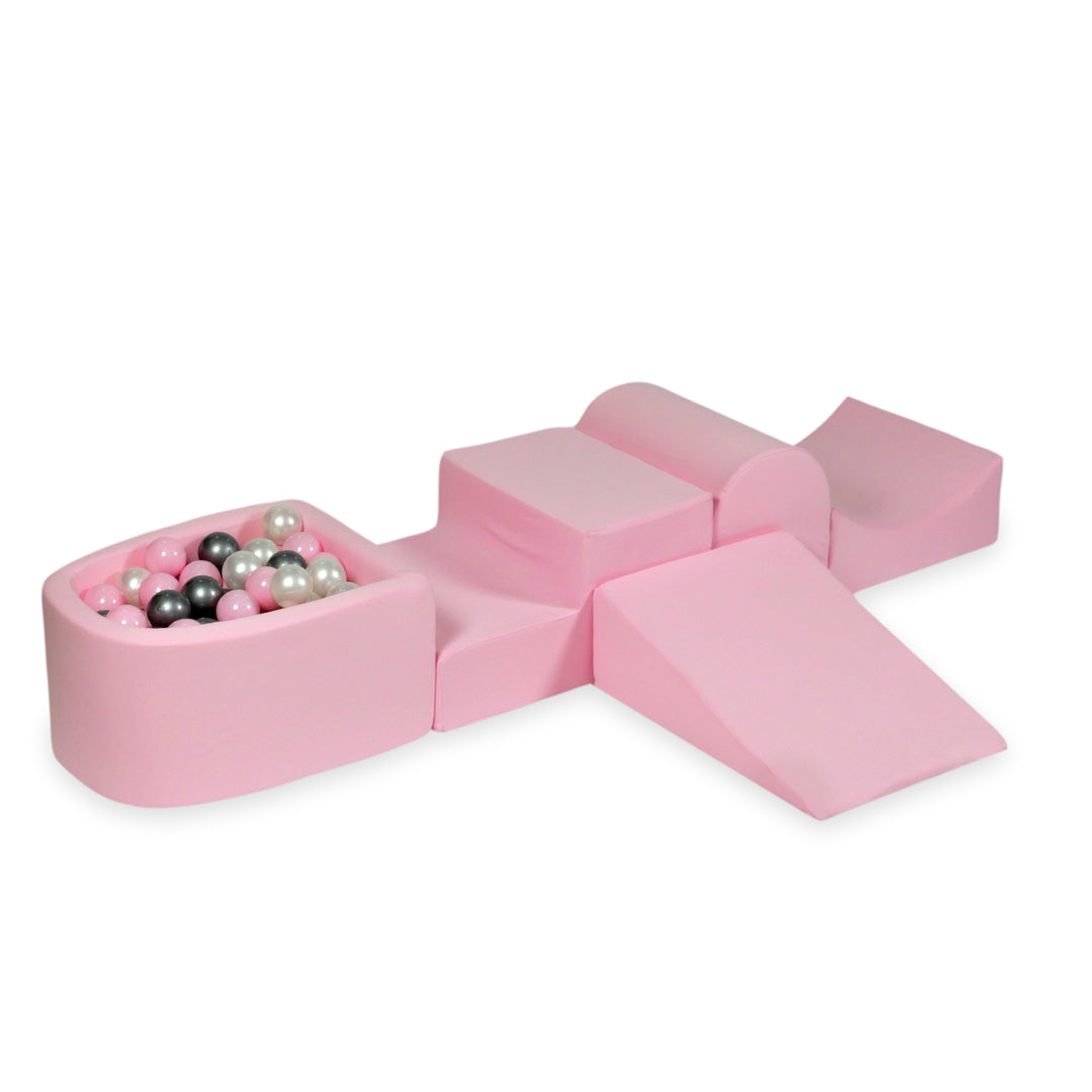 Aire de jeux en mousse avec colline et piscine micro rose poudré + 100 balles