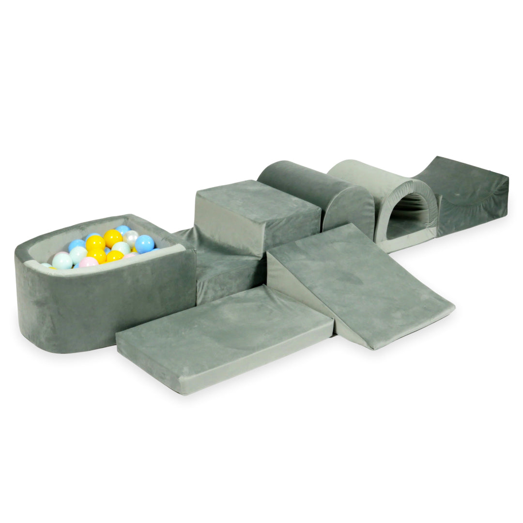Plus grande aire de jeux en mousse avec piscine micro velvet gris + 100 balles