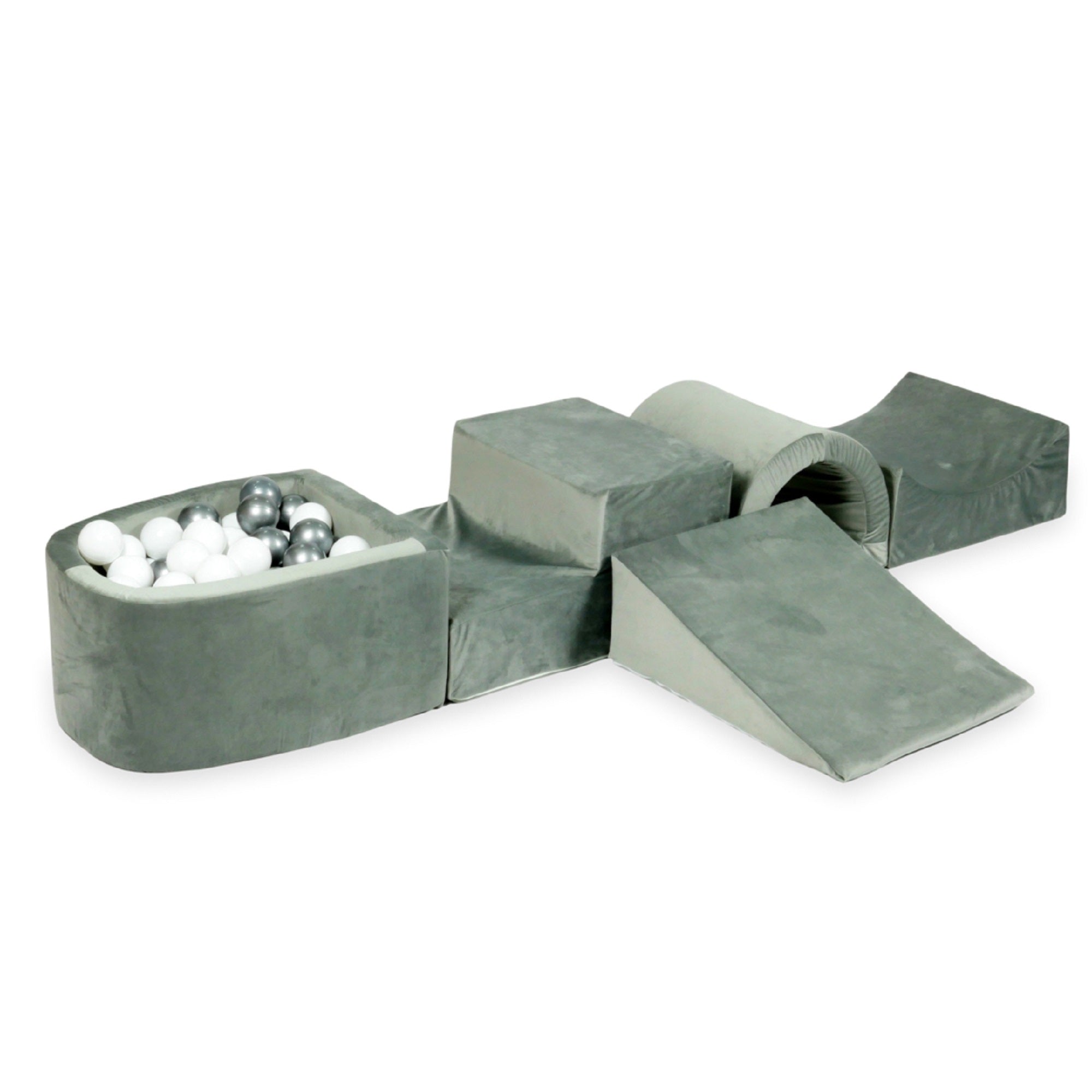 Aire de jeux en mousse avec pont et piscine micro velvet gris + 100 balles