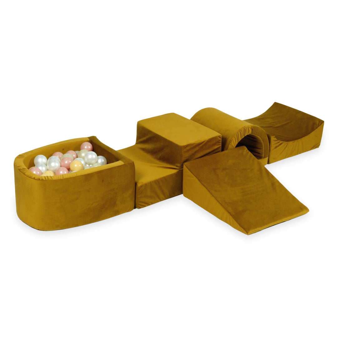 Aire de jeux en mousse avec pont et piscine micro velvet or + 100 balles