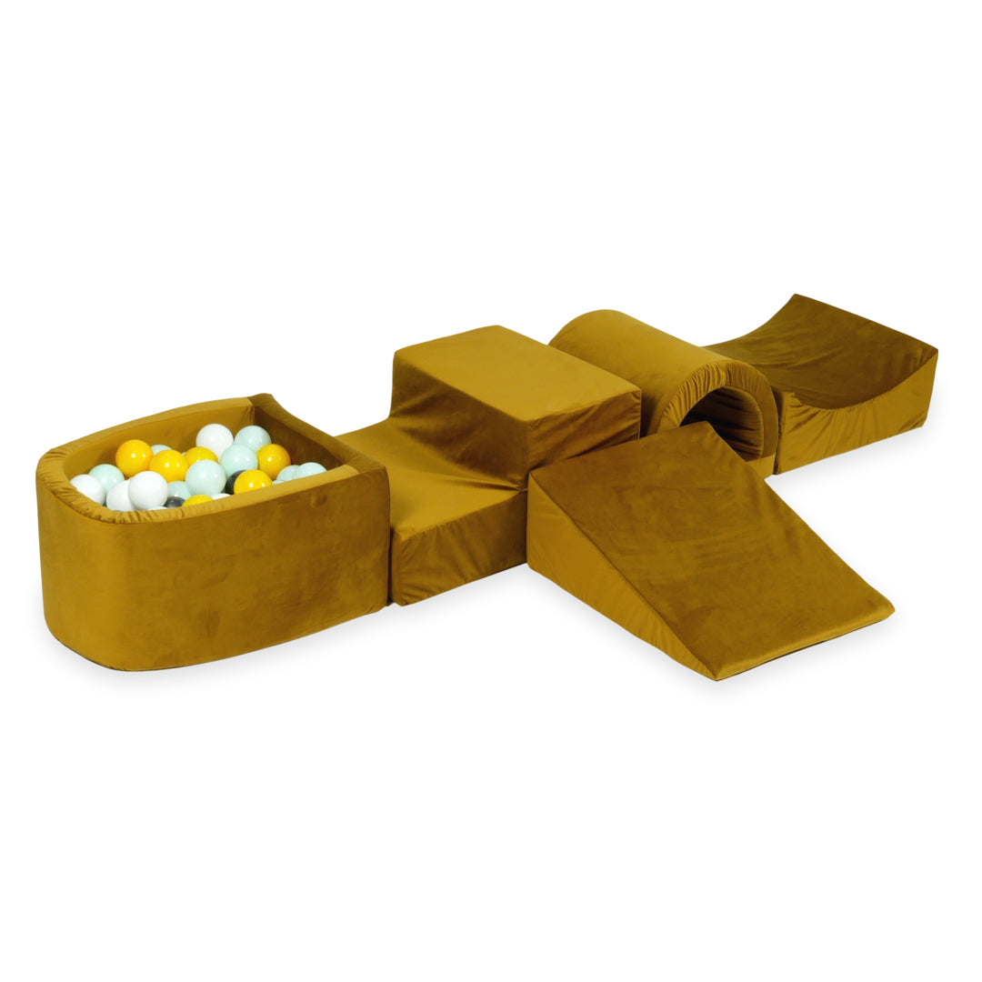 Aire de jeux en mousse avec pont et piscine micro velvet or + 100 balles