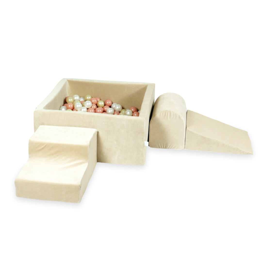 Aire de jeux en mousse avec piscine à balles carrée set de jeu enfant 90x90x40 velvet soft beige + 400 balles