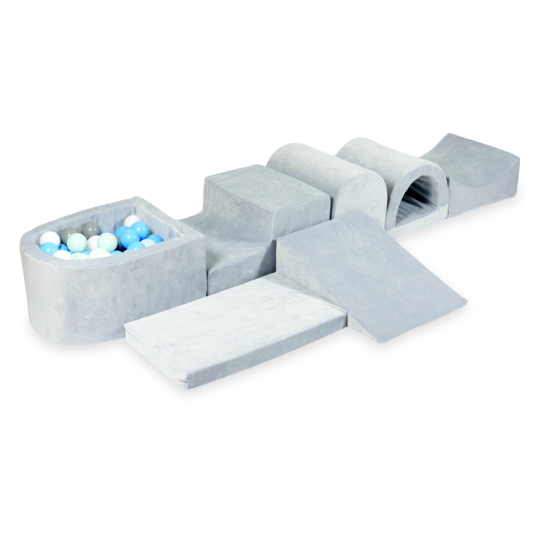 Plus grande aire de jeux en mousse avec piscine micro velvet soft gris clair + 100 balles