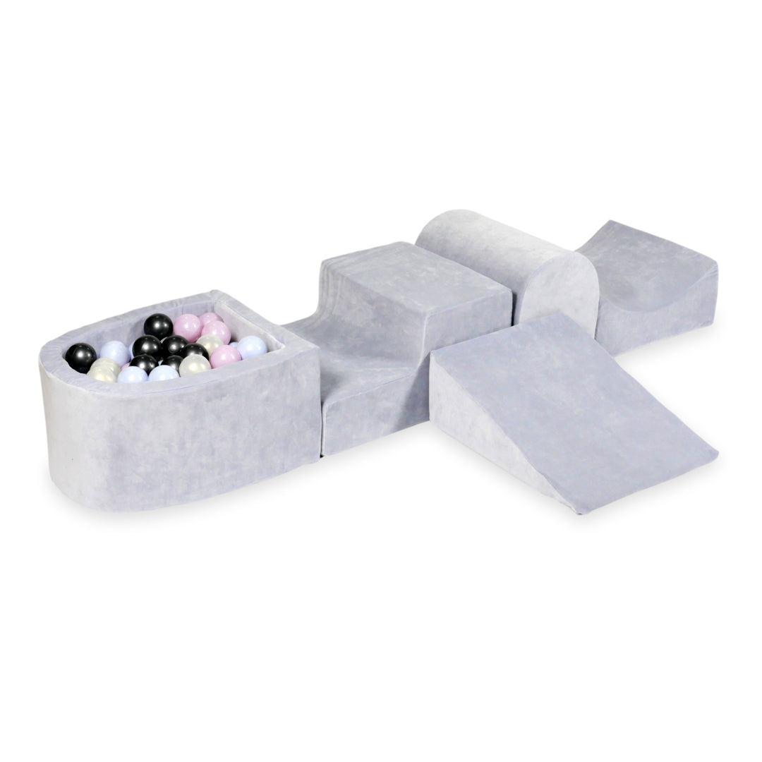 Aire de jeux en mousse avec colline et piscine micro velvet soft gris clair + 100 balles