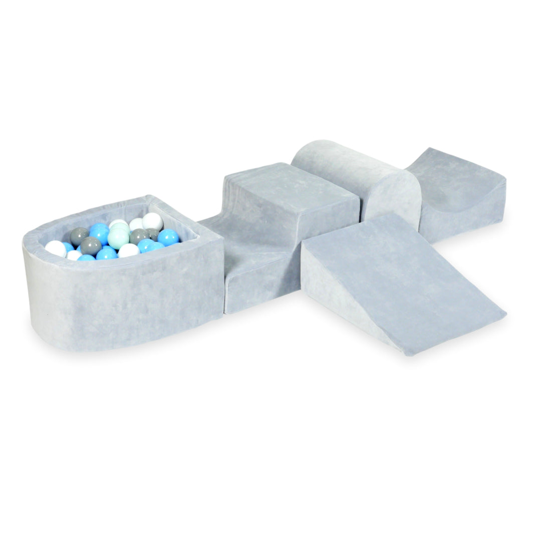 Aire de jeux en mousse avec colline et piscine micro velvet soft gris clair + 100 balles