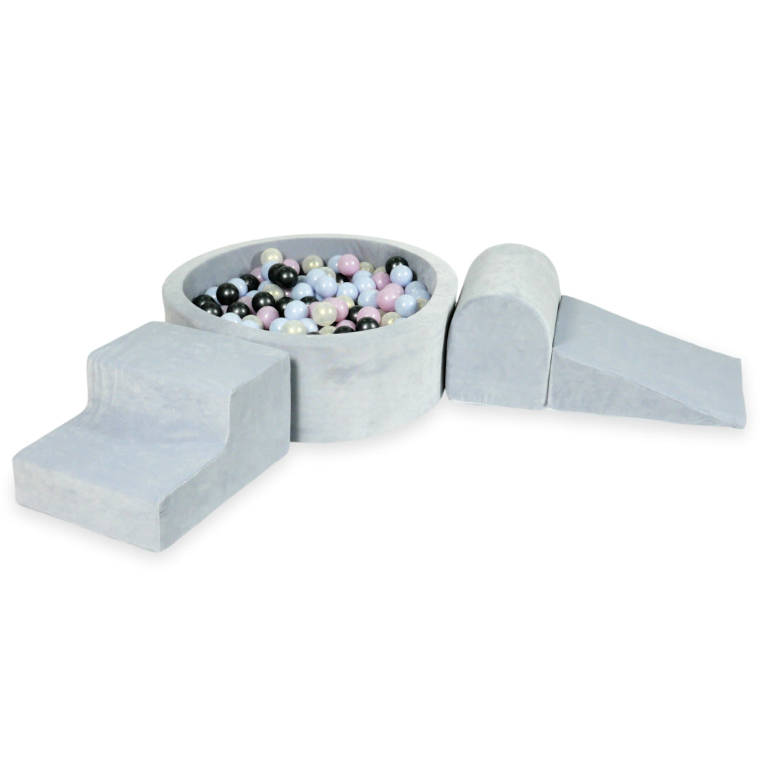 Aire de jeux en mousse avec piscine ronde 90x30 velvet soft gris clair + 200 balles