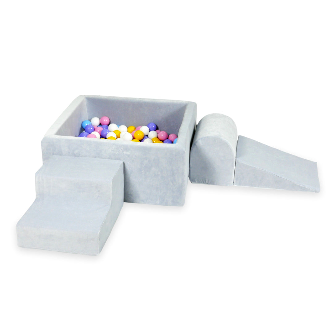 Aire de jeux en mousse avec piscine à balles carrée set de jeu enfant 90x90x40 velvet soft gris clair + 400 balles