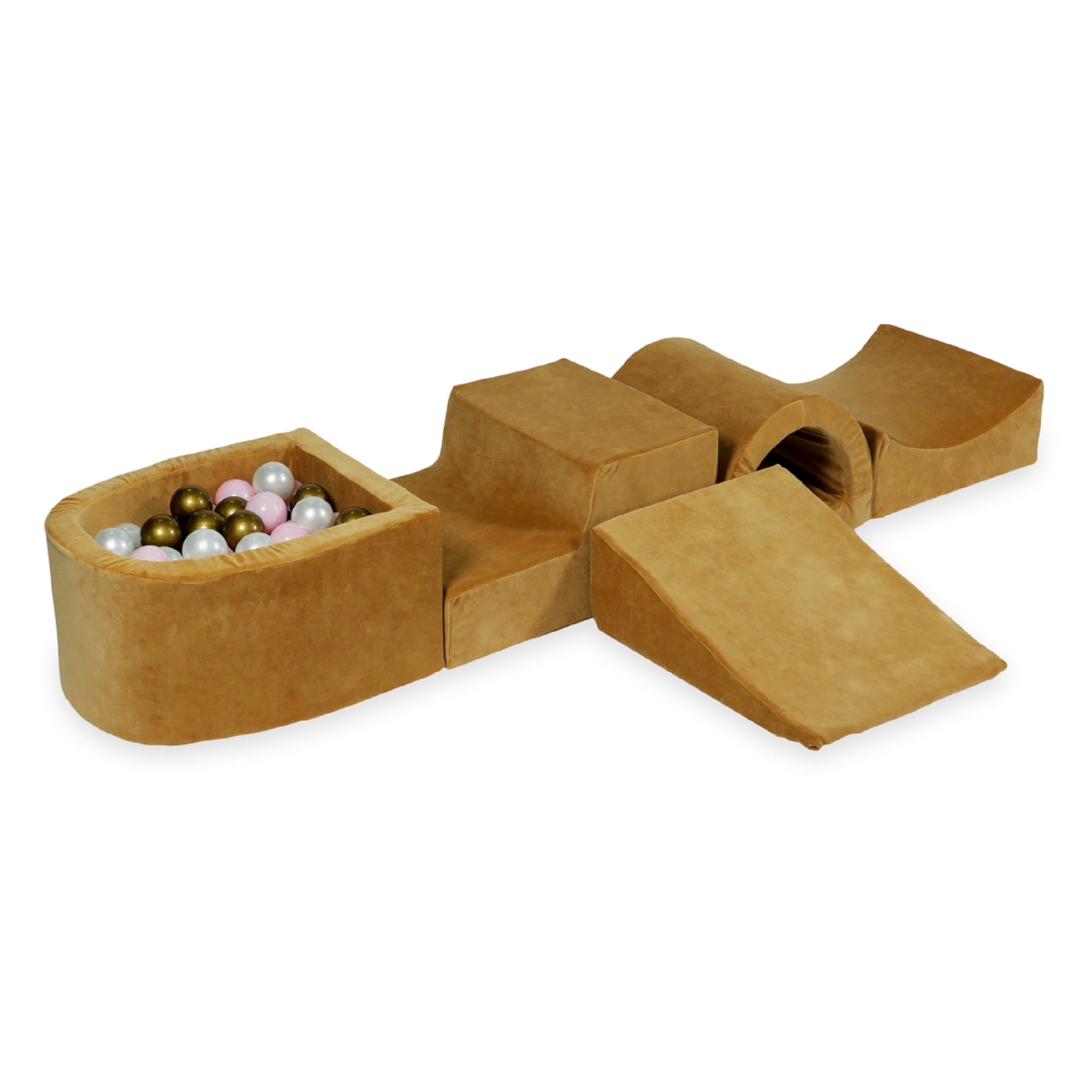 Aire de jeux en mousse avec pont et piscine micro velvet soft carmel + 100 balles