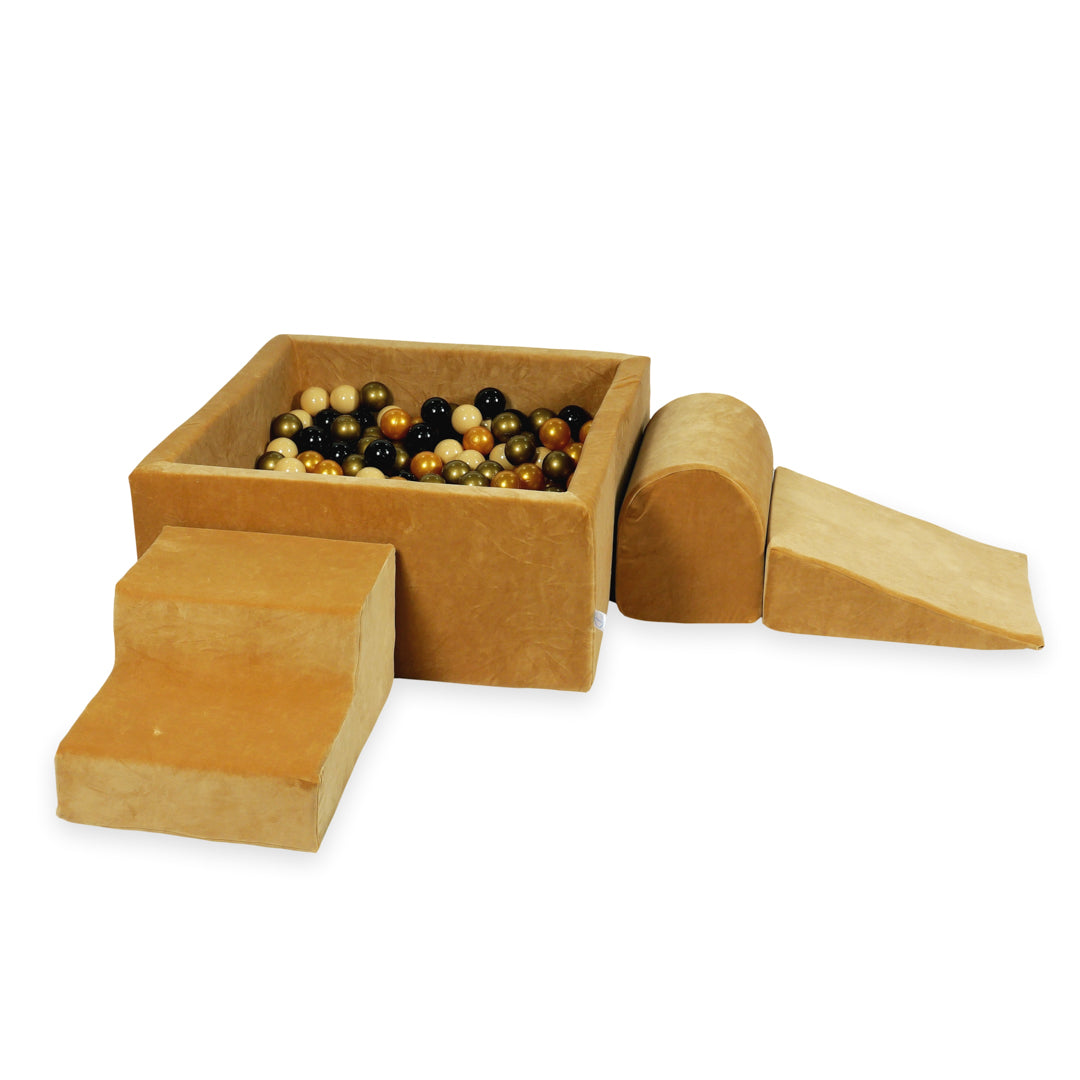 Aire de jeux en mousse avec piscine à balles carrée set de jeu enfant 90x90x40 velvet soft carmel + 400 balles