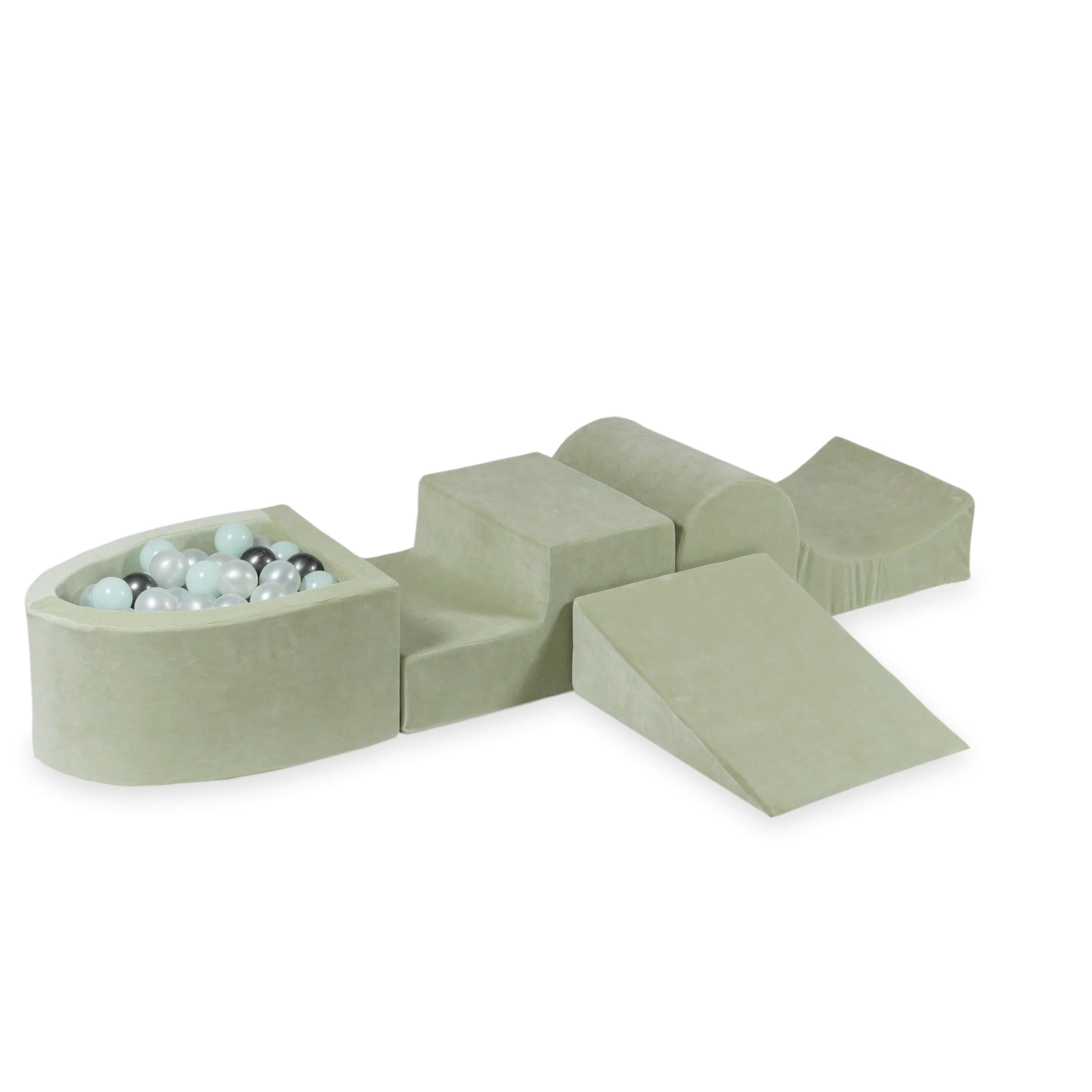 Aire de jeux en mousse avec colline et piscine micro velvet soft pistachio + 100 balles